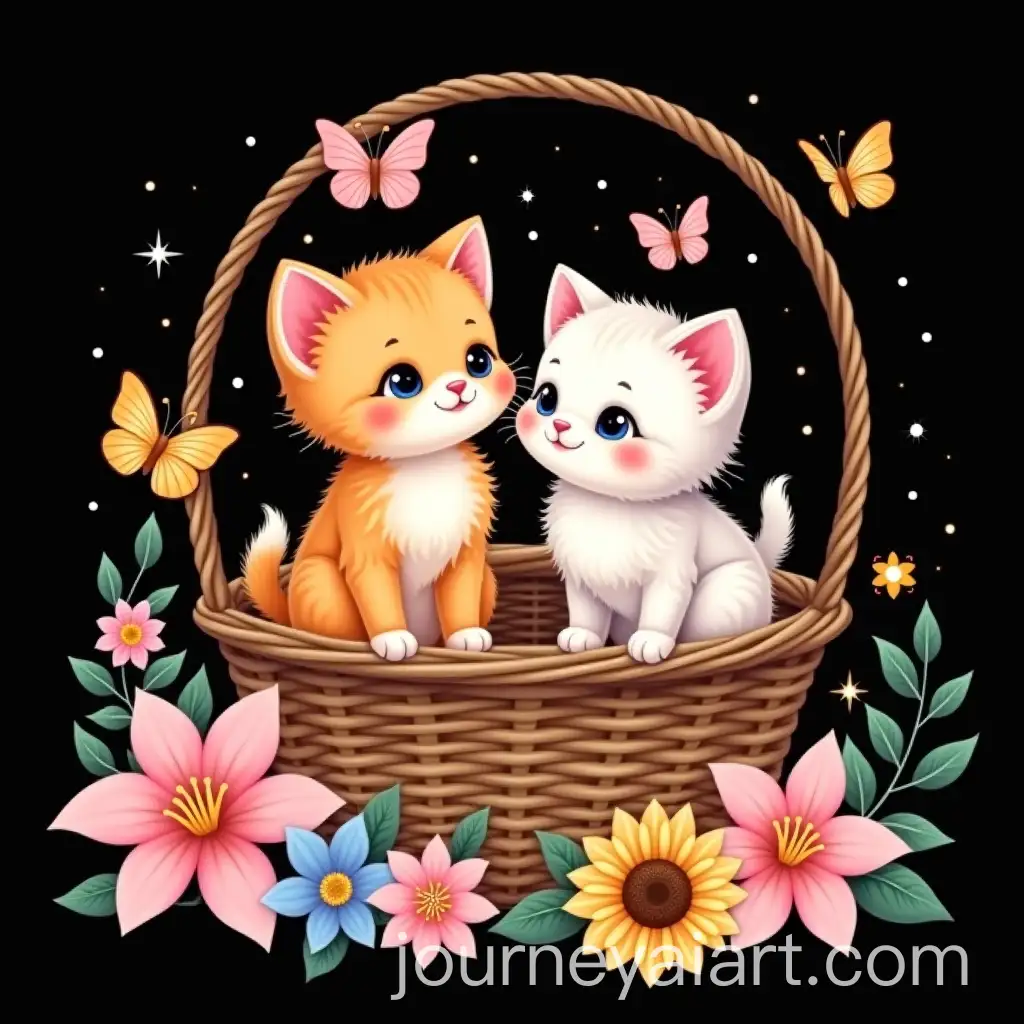 Adorable-Kittens-in-a-Wicker-Basket-Surrounded-by-Colorful-Butterflies