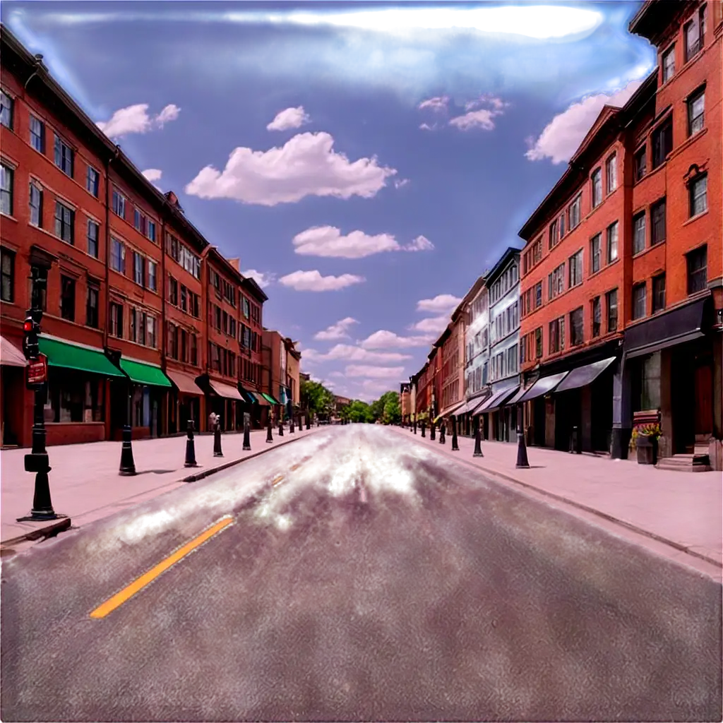 Create an image of a city with a street in the middle. The street pavement should be slightly inclined upwards. The image should show buildings on both sides of the street. The style should be realistic, with detailed colors and shadows adding depth to the scene. The sky should be clear or with some light clouds to give a more natural look.