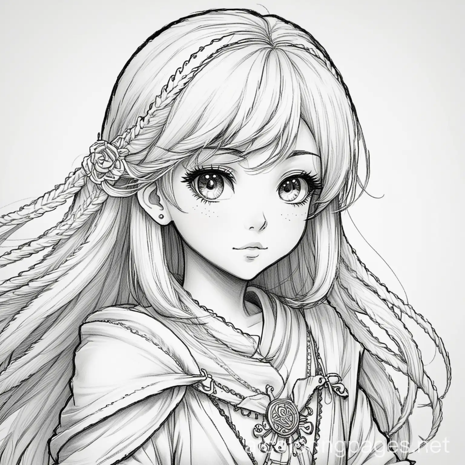 manga fantasy, Coloring Page, black and white, line art, white background, Simplicity, Ample White Space. The background of the coloring page is plain white to make it easy for young children to color within the lines. The outlines of all the subjects are easy to distinguish, making it simple for kids to color without too much difficulty