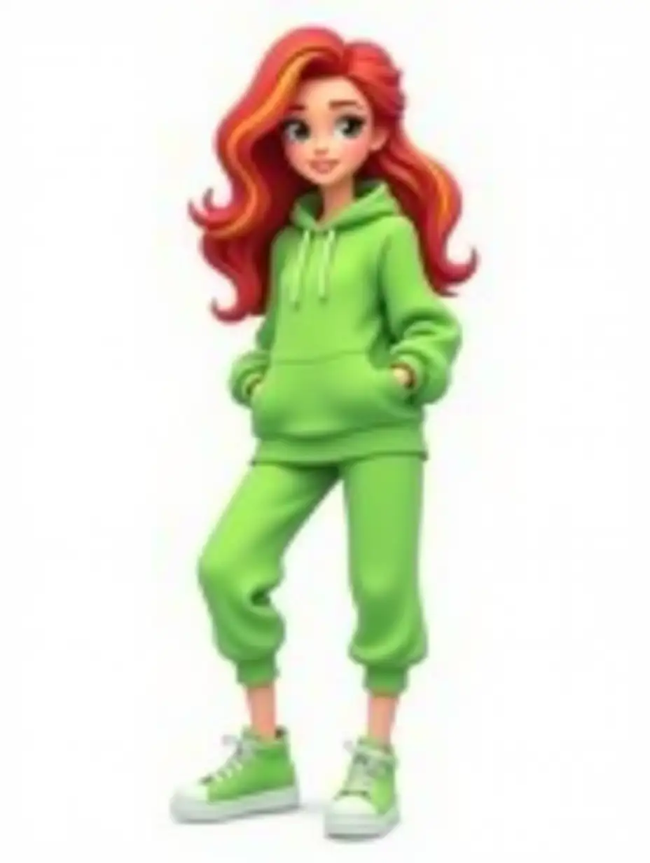 Stylish cartoon heroine with voluminous red wavy hair decorated with highlights. She is wearing a bright green hooded sweatshirt and joggers, sneakers. The character poses confidently. The background is pure white, which adds emphasis to her trendy outfit. Bright colors. Watercolor 3D. Oil painting. vertical format