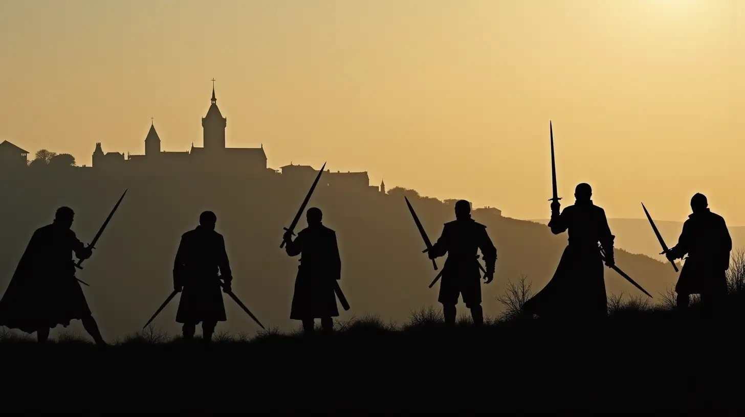 Medieval Warriors Silhouetted Against Hilly Townscape