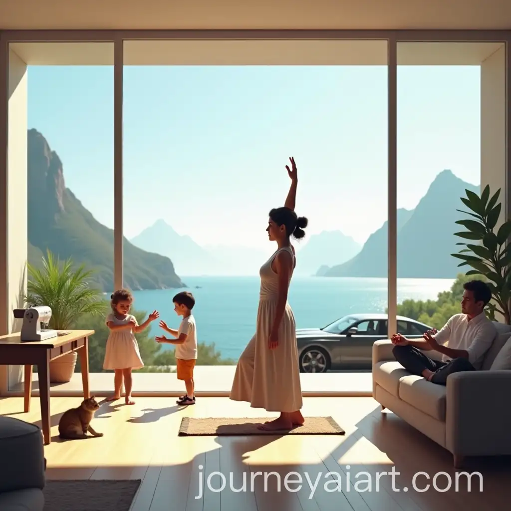 Woman-Practicing-Yoga-in-Bright-Room-with-Children-Cat-and-Scenic-View