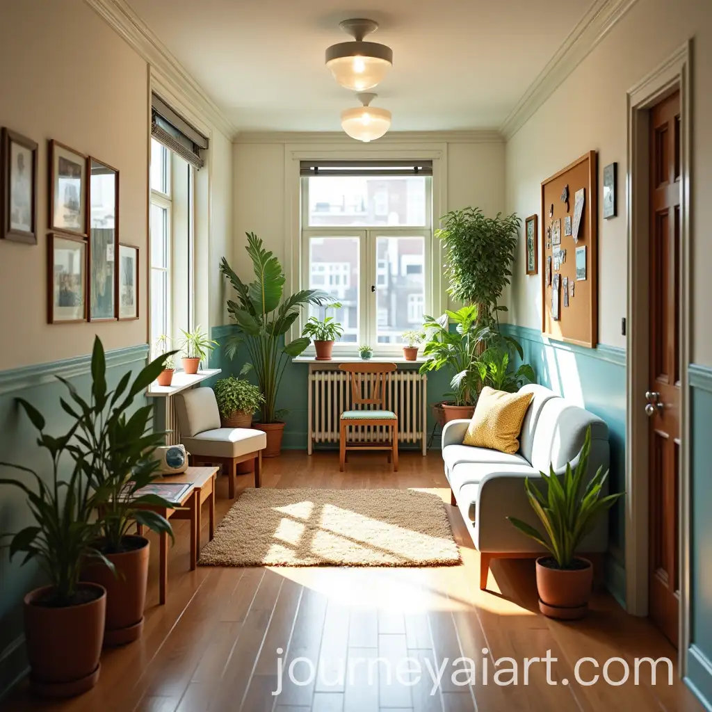 Cozy-College-Hallway-Corner-with-SecondHand-Furniture-andAI-Art-Prompt-Expansion-Plants