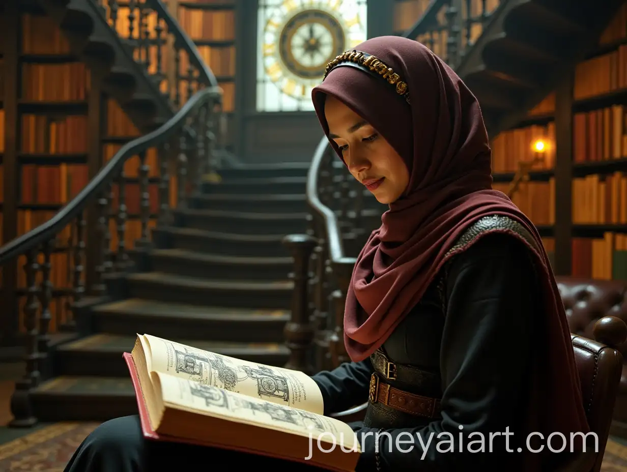 Indonesian-Woman-in-SteampunkAI-Art-Prompt-Expansion-Attire-Reading-in-VictorianStyle-Library