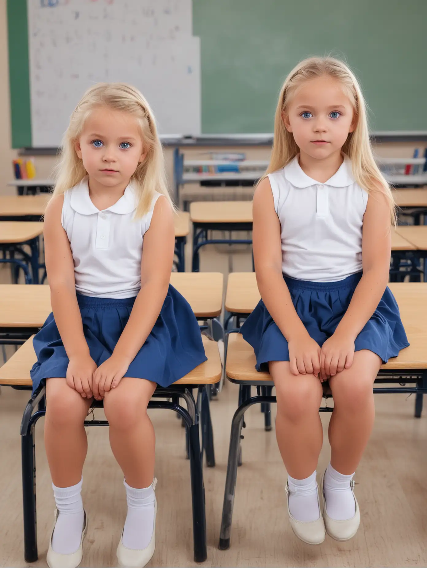 two adorable little blonde haired girls with blue eyes in empty kindergarten classroom sitting on desks facing the camera with nervous expressions short skirts and white halter tops full body view