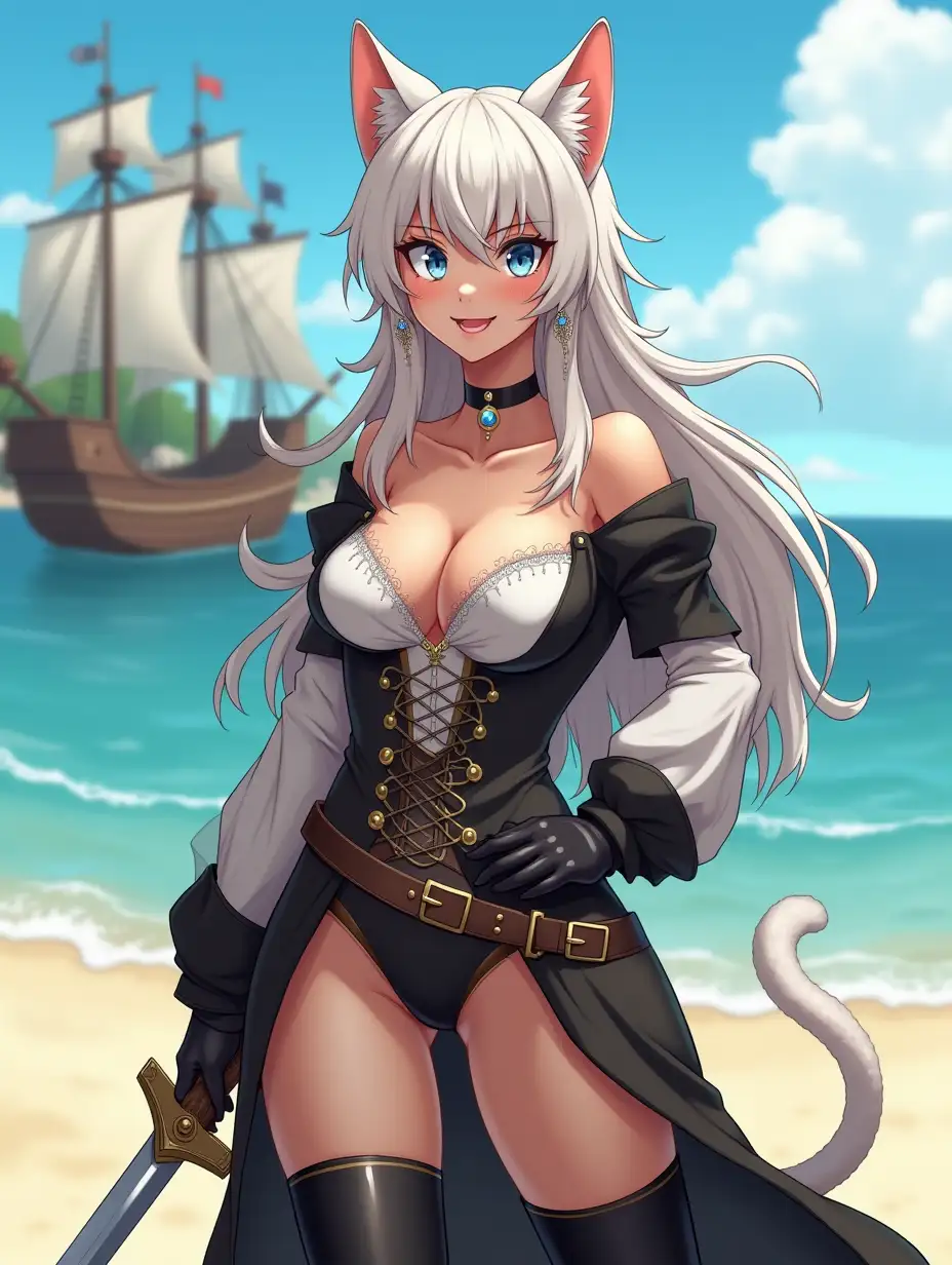 A mature adult feline/woman dressed as a pirate with a sword on a beach.  A pirate ship in the background. Her 30-something years are disguised by her youthful facial features, except for her subtle wrinkles around the eyes, extremely slender body. Her ample bosom strains against her clothing, threatening to burst free from the fabric, extreme cleavage.  Wearing black thigh high pirate boots. She has piercing blue cat eyes. A choker adorns her neck, a subtle hint at her feline nature. Her long, white hair cascades down her back like a wild waterfall, tangled and disheveled. Her cat-like teeth glint in the light, as her white fur-lined ears punctuate her visage with sparkling black and gold earring adorns each ear, adding a touch of elegance to her feline features. Cat whiskers on her face. The attached tail at the base of her spine stirs lazily.  Long fingernails. Full body view. Anime.