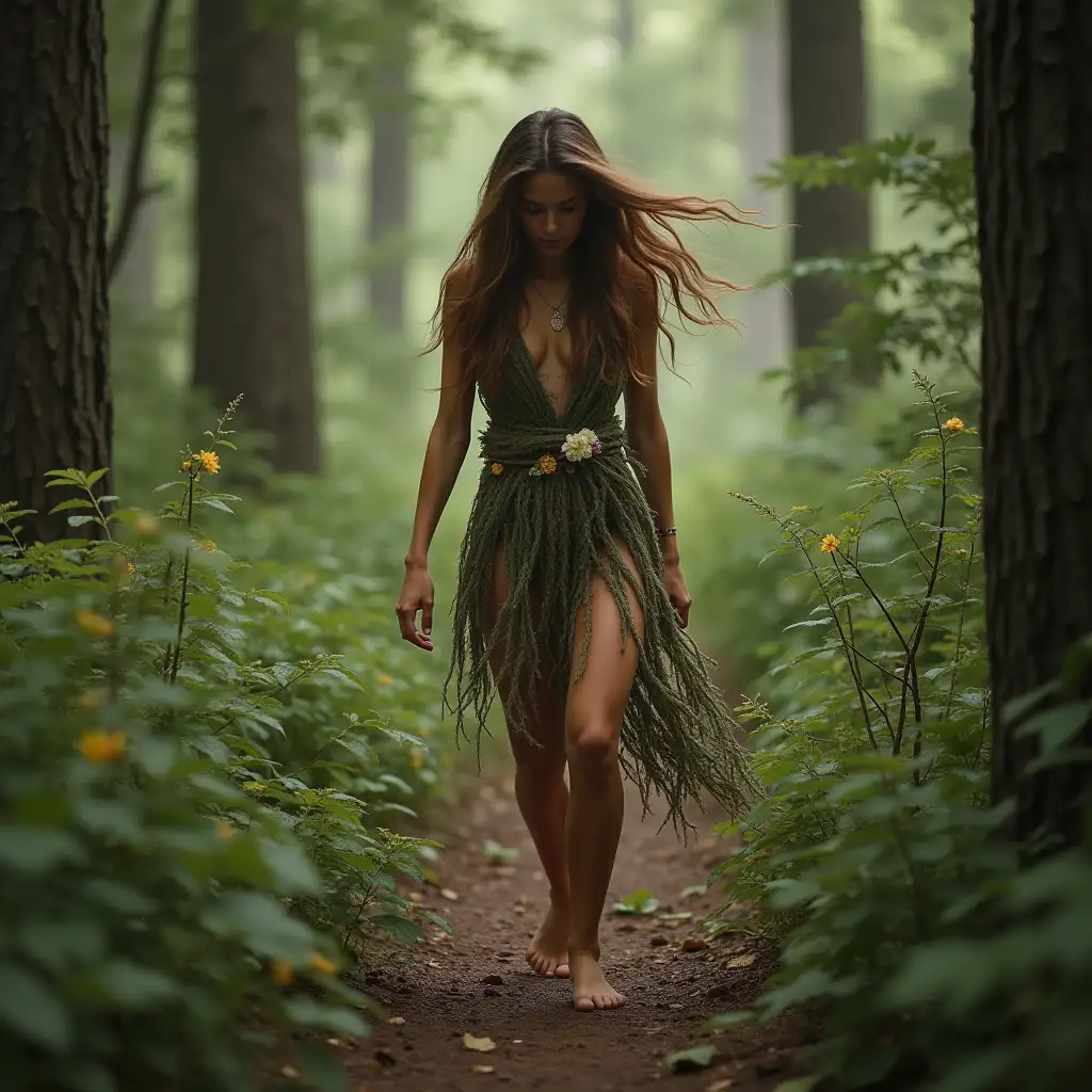 Wild-Woman-in-a-Dense-Forest-Wearing-Floral-Clothing-and-Moving-Like-an-Animal