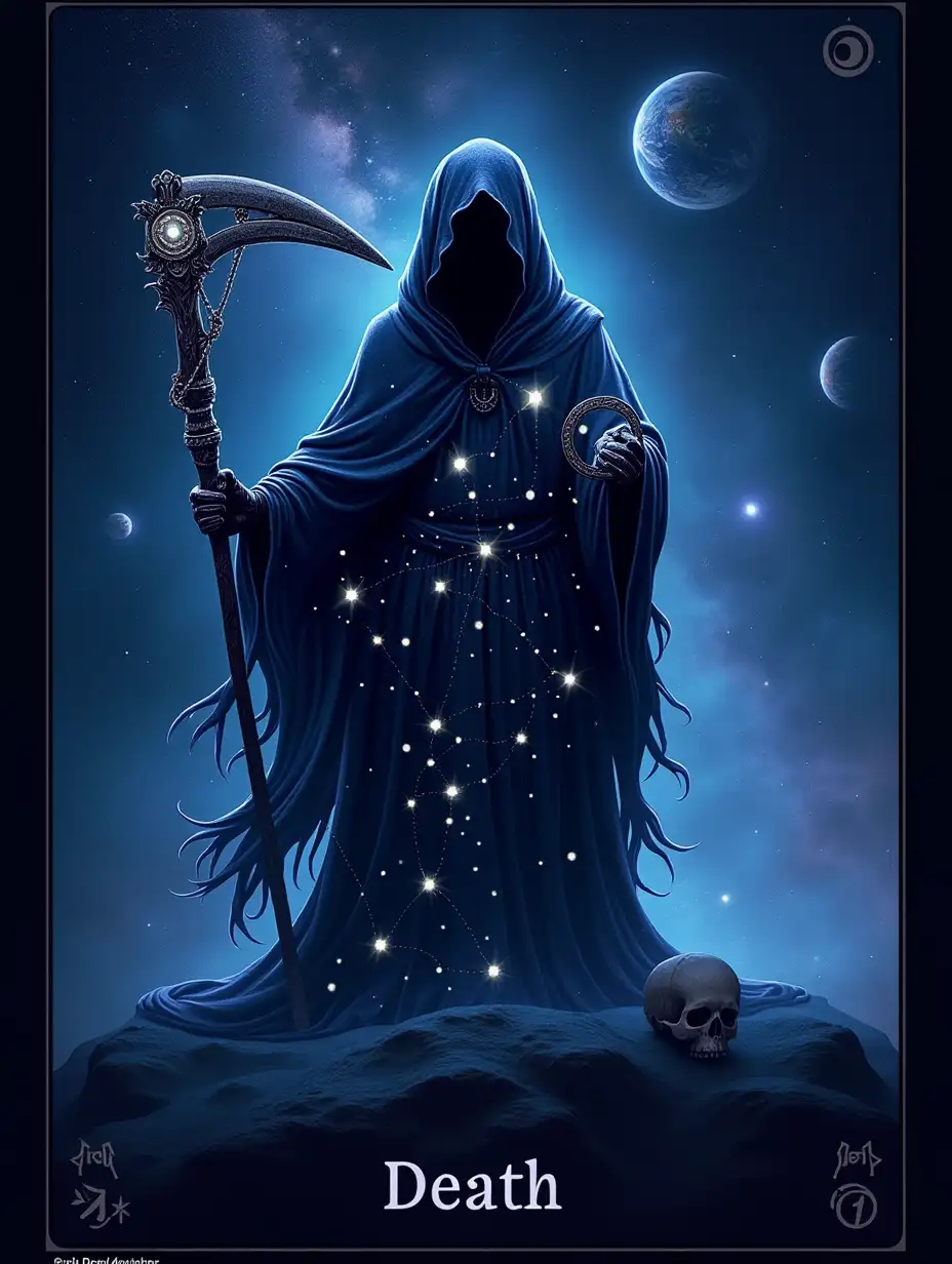 Tarot card 'Death' where Death is presented as a constellation. The silhouette of the Reaper with a fluttering cloak and hood, composed of 15 bright stars and 10 smaller ones: 6 stars form the cloak, 4 - hands, 8 stars - a scythe or sickle, 3 - a skull and 4 stars - a hood. Connecting the stars with holographic lines in a blue-violet palette, creating the effect of visibility of this figure. Around the silhouette, add glowing star dust to enhance the mystical atmosphere. In the background, place iridescent nebulae, planets and individual stars that are not part of the constellation to emphasize the grandeur of outer space.