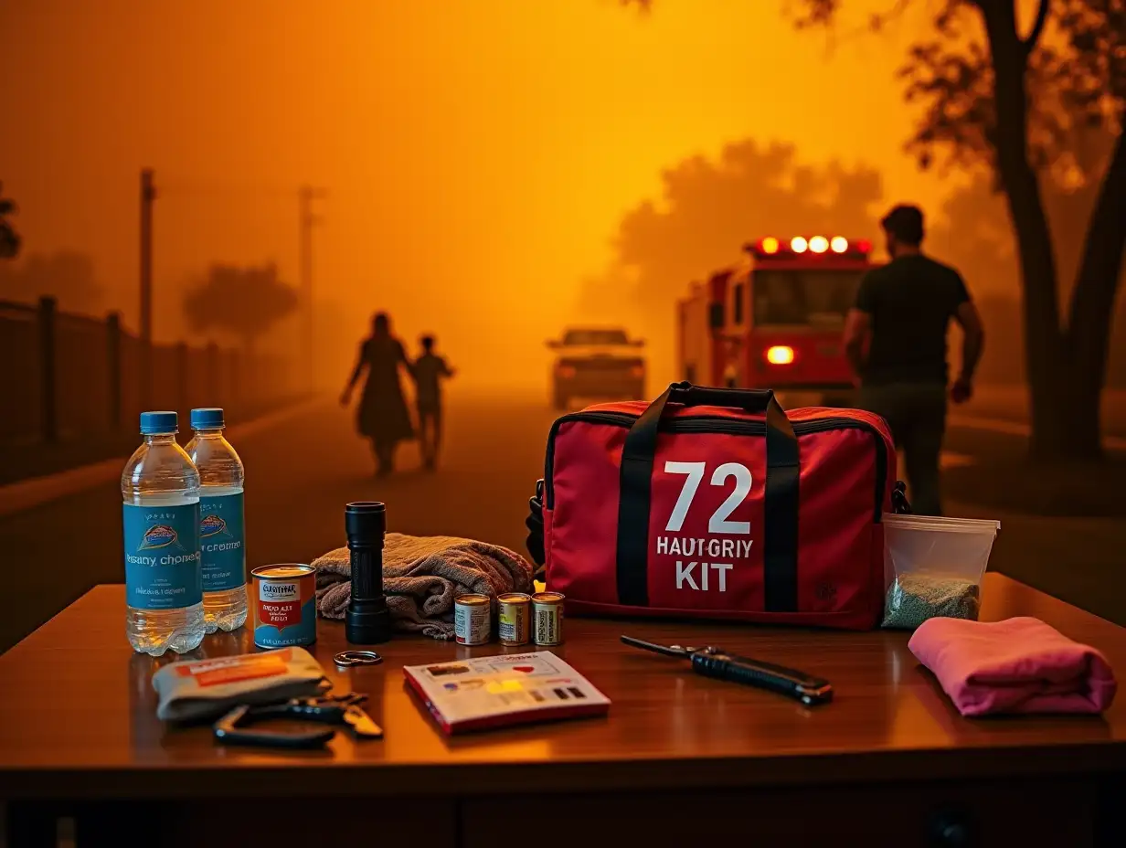 A dramatic scene showing a 72-hour emergency kit laid out on a sturdy table, with items like water bottles, a flashlight, a first-aid kit, canned food, batteries, and a multi-tool neatly arranged. The background depicts a smoky, orange-tinted sky, symbolizing California wildfires, with faint silhouettes of trees and emergency vehicles. A family is faintly visible in the background, packing their belongings with a sense of urgency. The image should evoke preparedness, responsibility, and the importance of readiness in times of crisis.