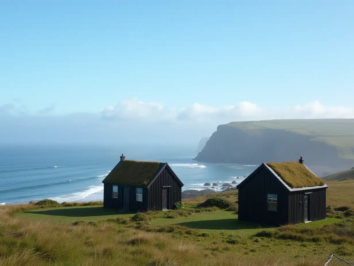 Serene-Faroe-Islands-Landscape-with-Black-House-and-Lush-Green-Roof