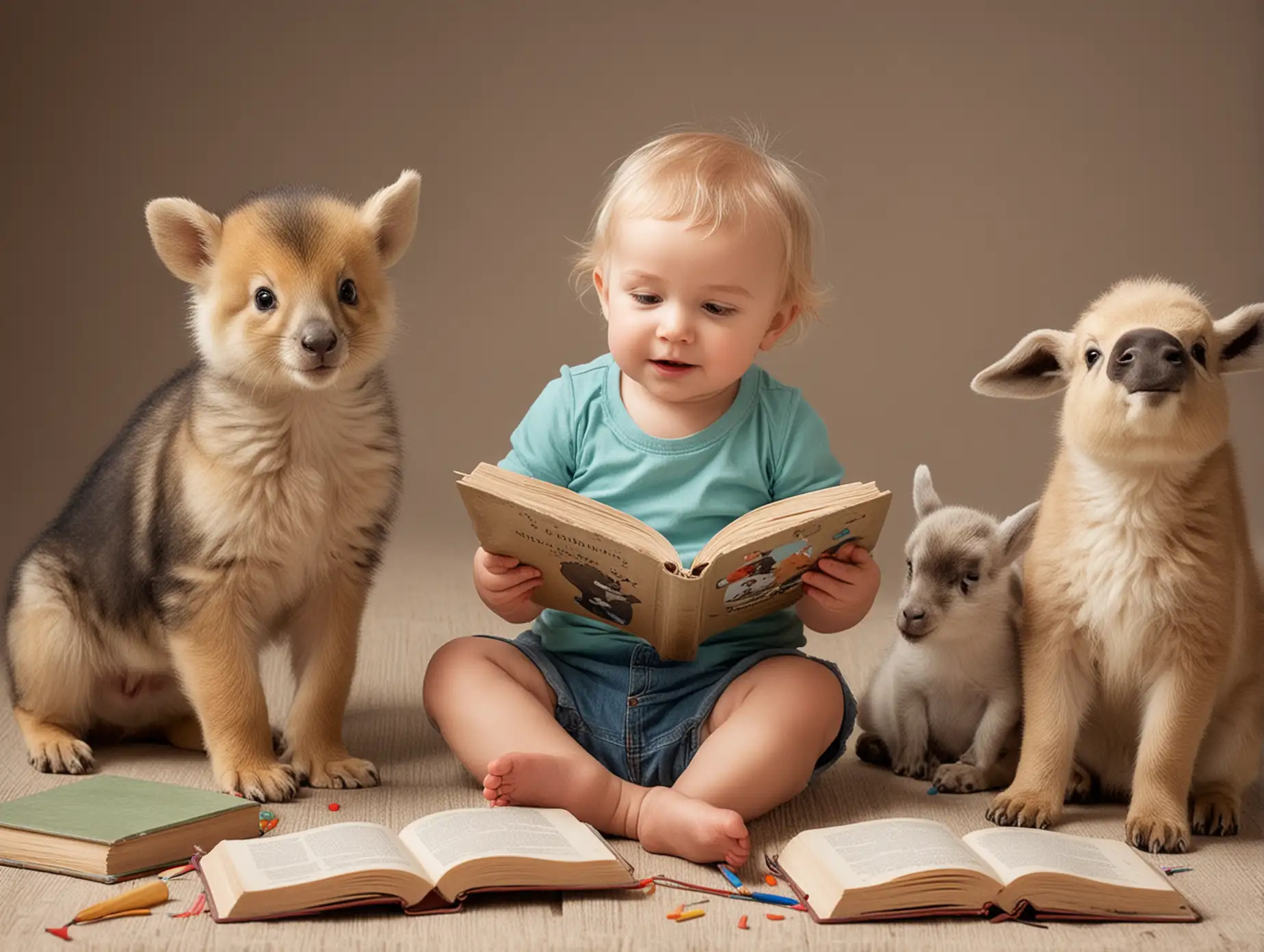 Baby Animals and Toddlers Enjoying Playtime with Books