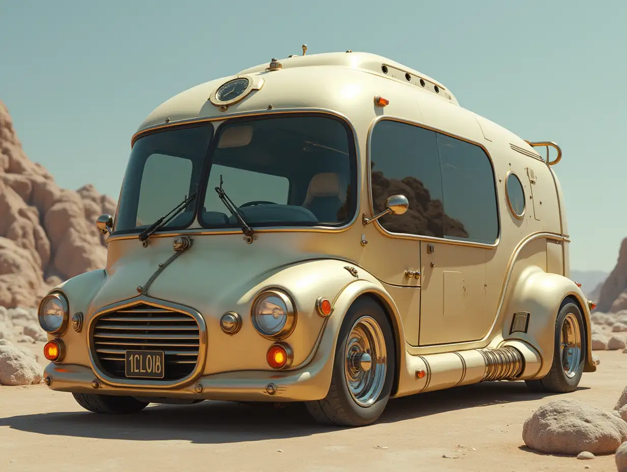 A super modern utopian sports bus with a clock, lowered body, 18-inch rims, aluminum wheels, cream silver gold, Cyberpunk