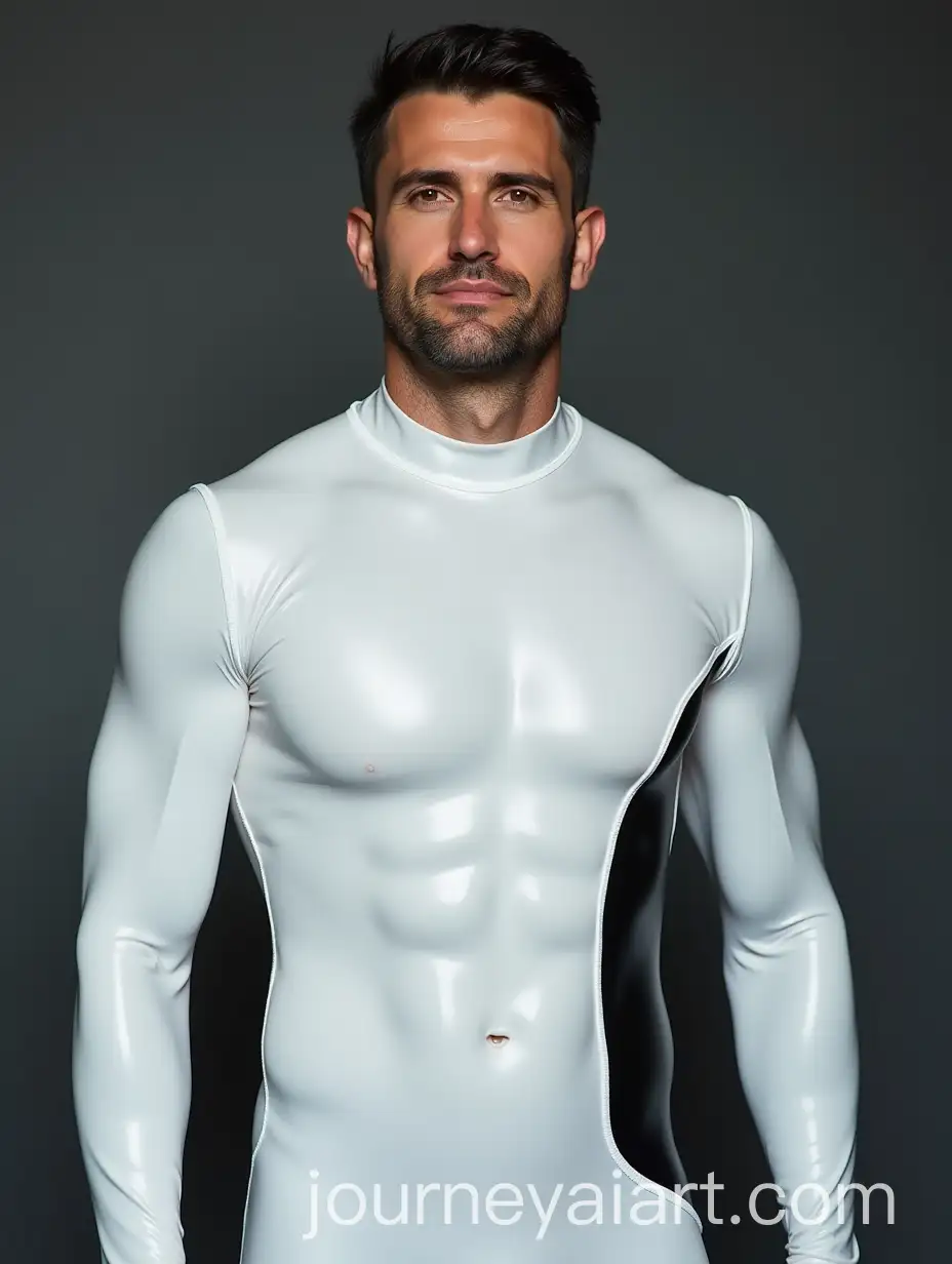 Man-in-Glossy-White-Bodysuit-with-Bold-Black-Stripe