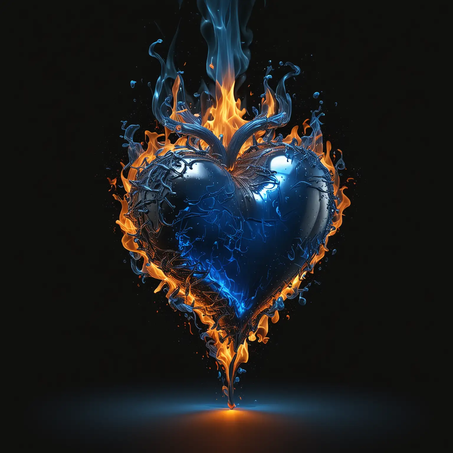 Flaming 3D Blue Heart on Black Background