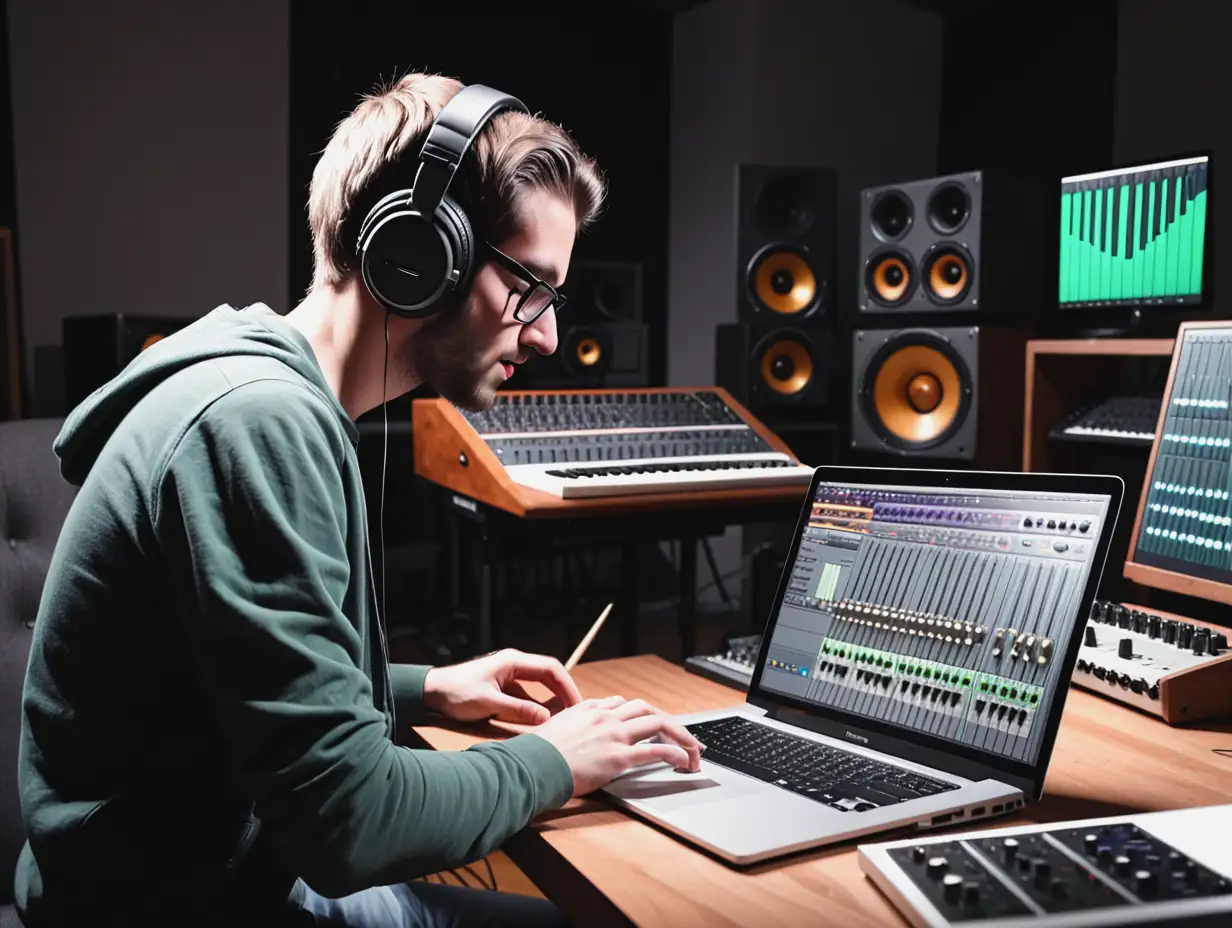 Sound Engineer Composing Music on Laptop in Studio