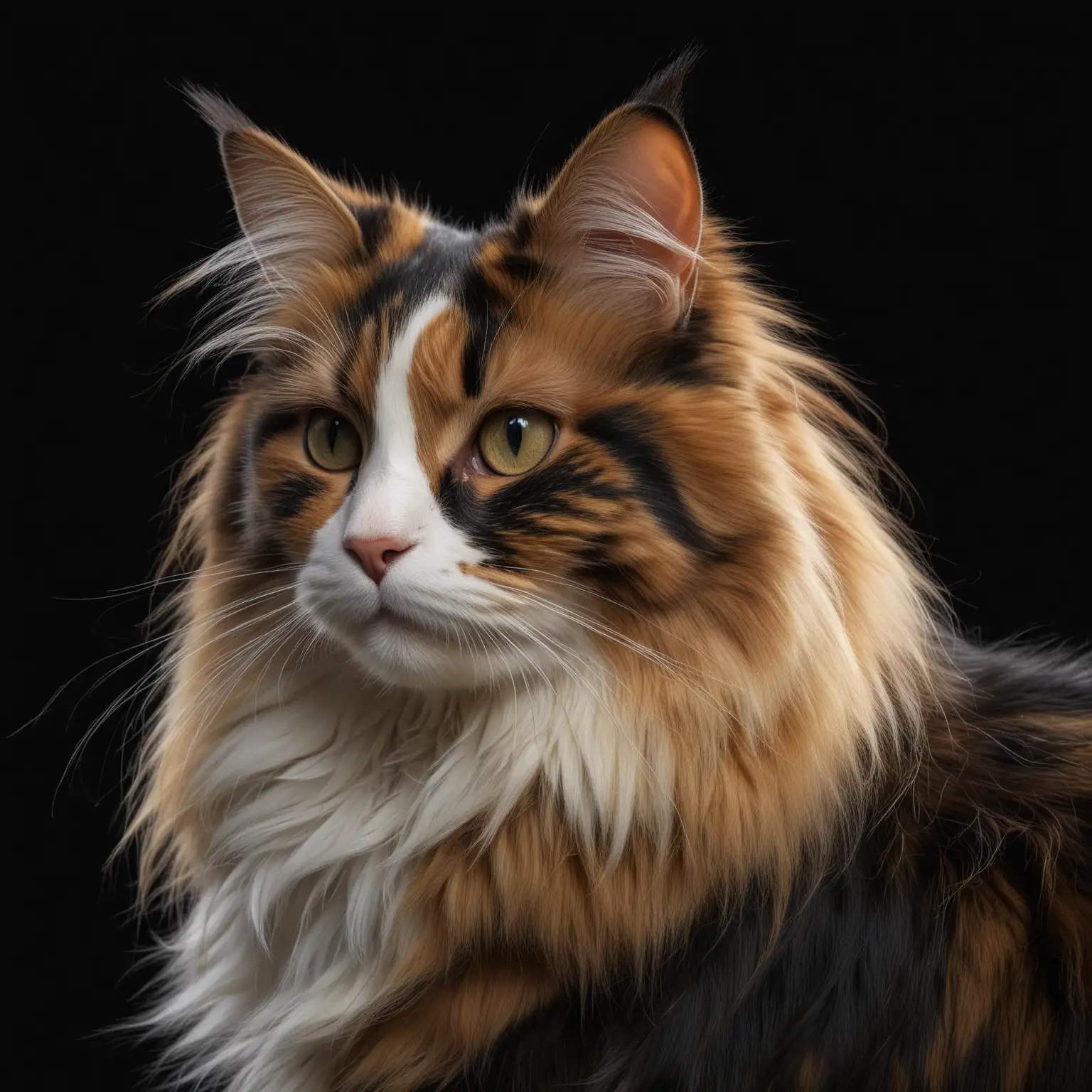 Geographic Quality, High Realistic. A gorgeous long-haired Calico cat, black background, back lit