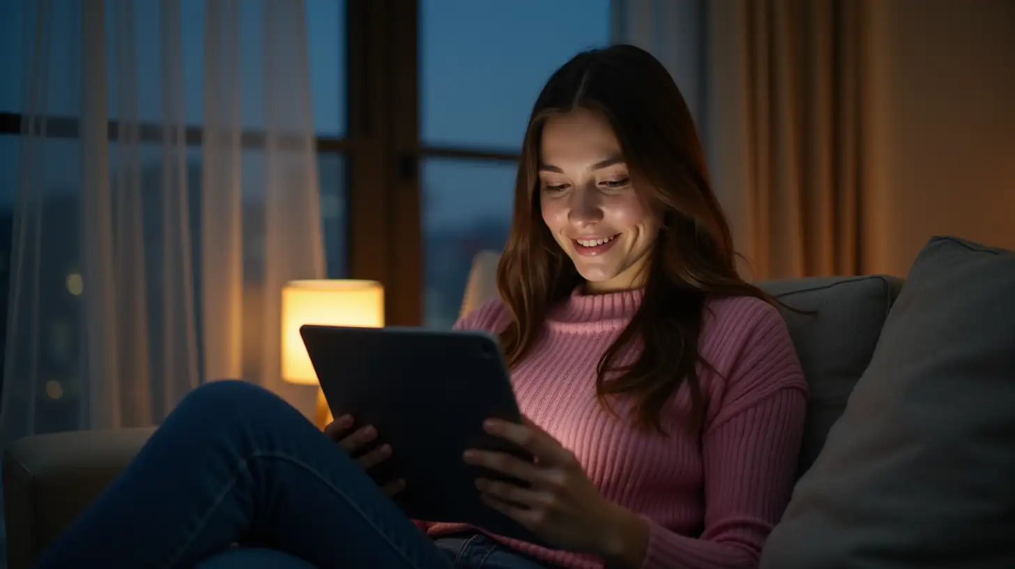 Up close pale 30 year old smiling pale white woman, long chocolate brown hair parted to the right. She is wearing a pink sweater and blue jeans, reading a tablet on a couch, modern generic high rise apartment background well lit by a table lamp at night