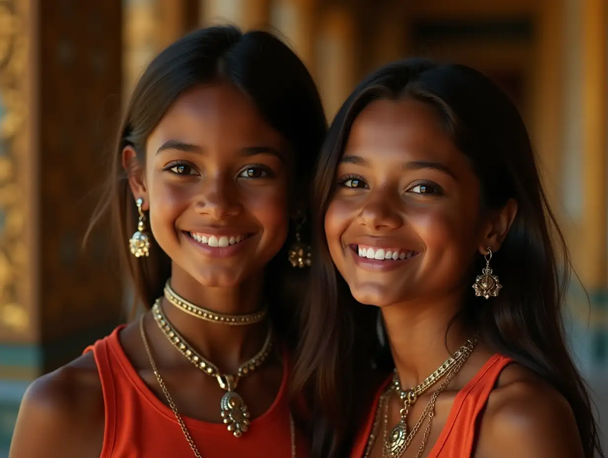 Two young black girls with Alien face, with brown hair, with a slight smile on their faces, highlighting their smiles, modern retro jewelry, in a temple with much gold in various shades 4k quality