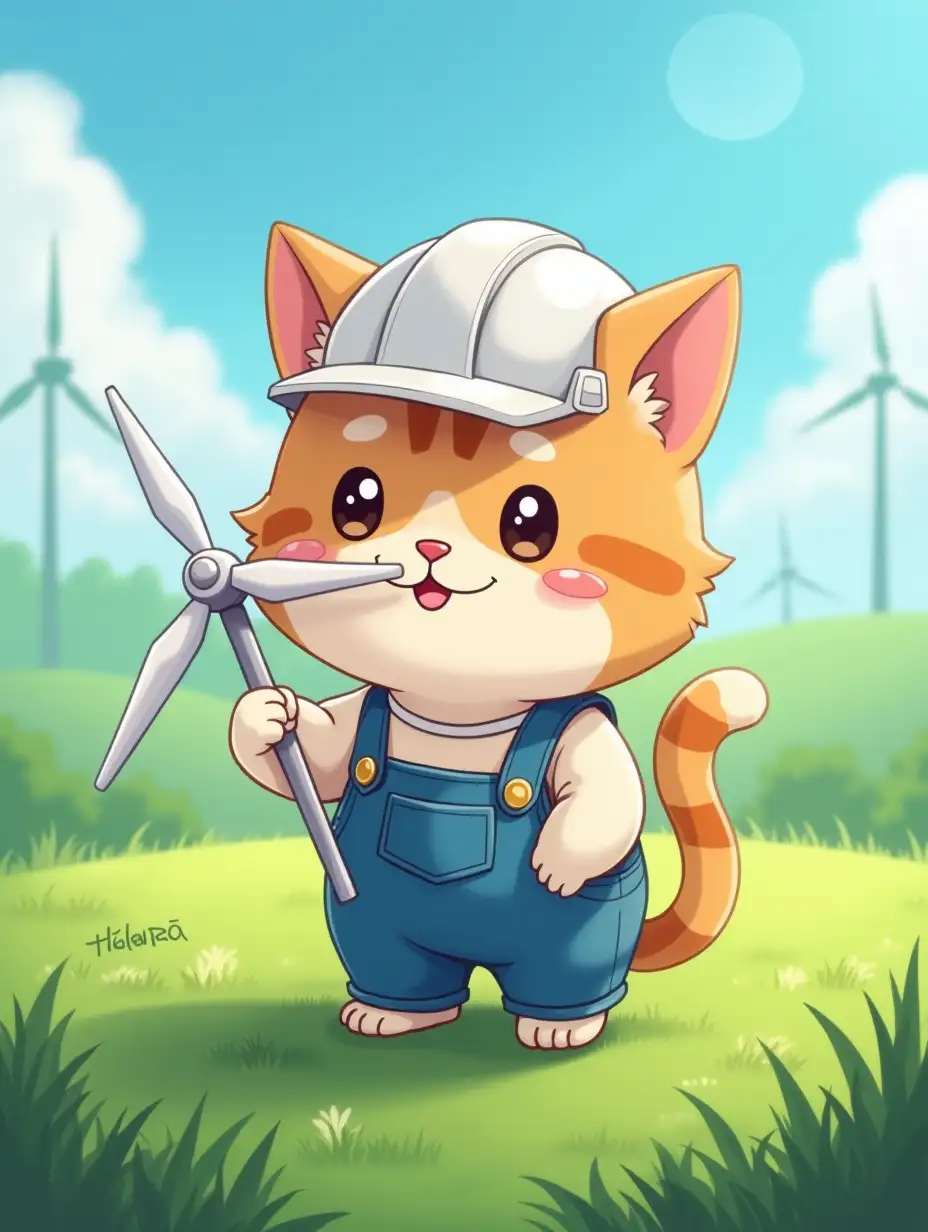 kawaii positive fluffy anime style cat in a white hard hat and blue overalls with a drawing of a wind turbine in your hands. Green fields with wind farms in the background with atmosphere of magical glow, paint in cartoon anime style