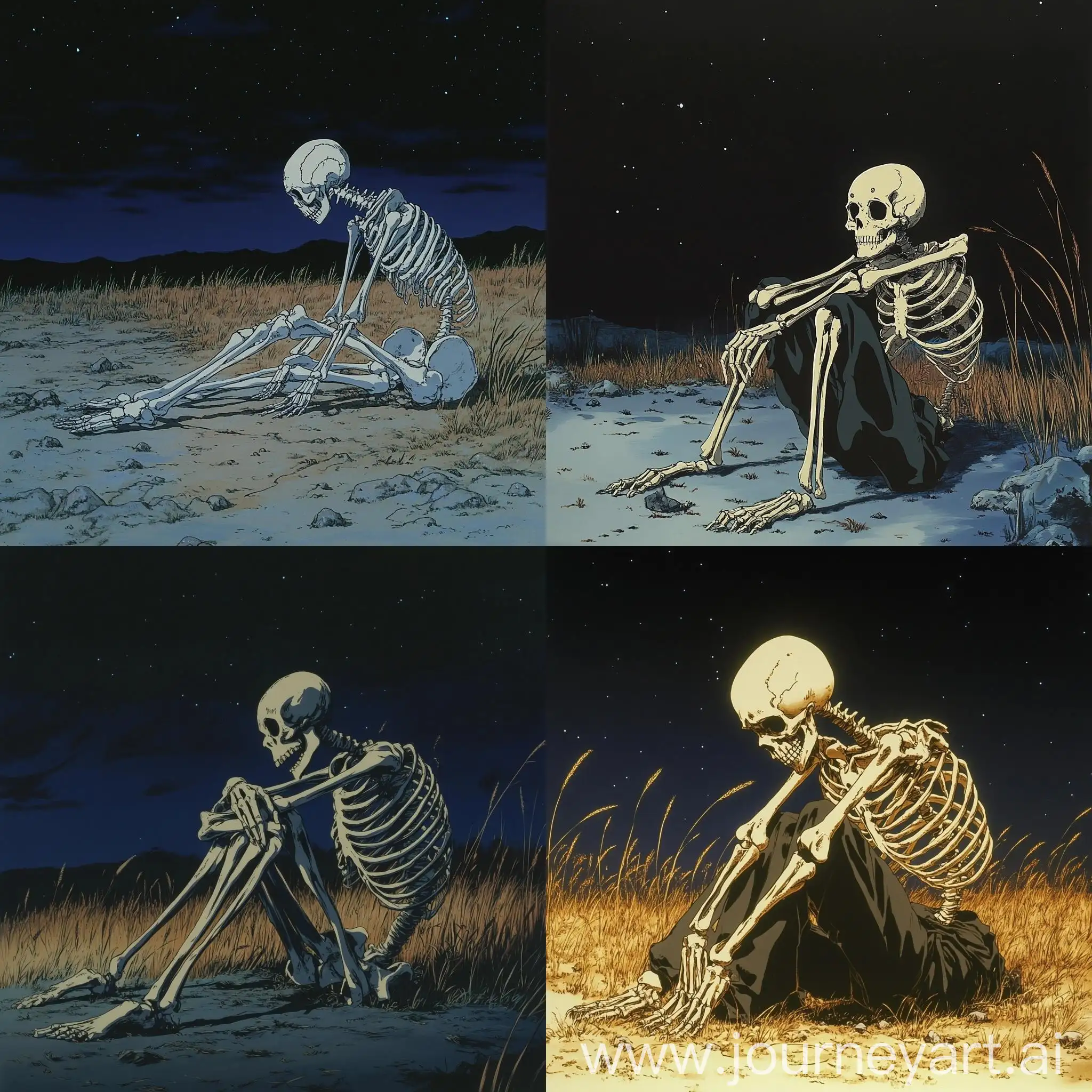 Defeated-Skeleton-Sitting-in-Dry-Grass-Field-at-Night-Tetsuo-Hara-Anime-Art