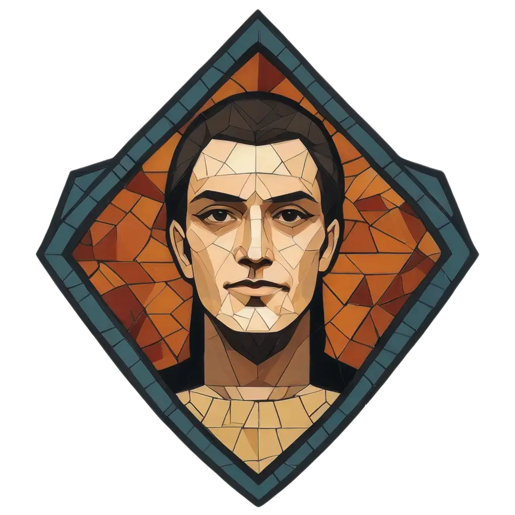 flat icon of a mans face in a shield emblem in the style of old mosaic church window