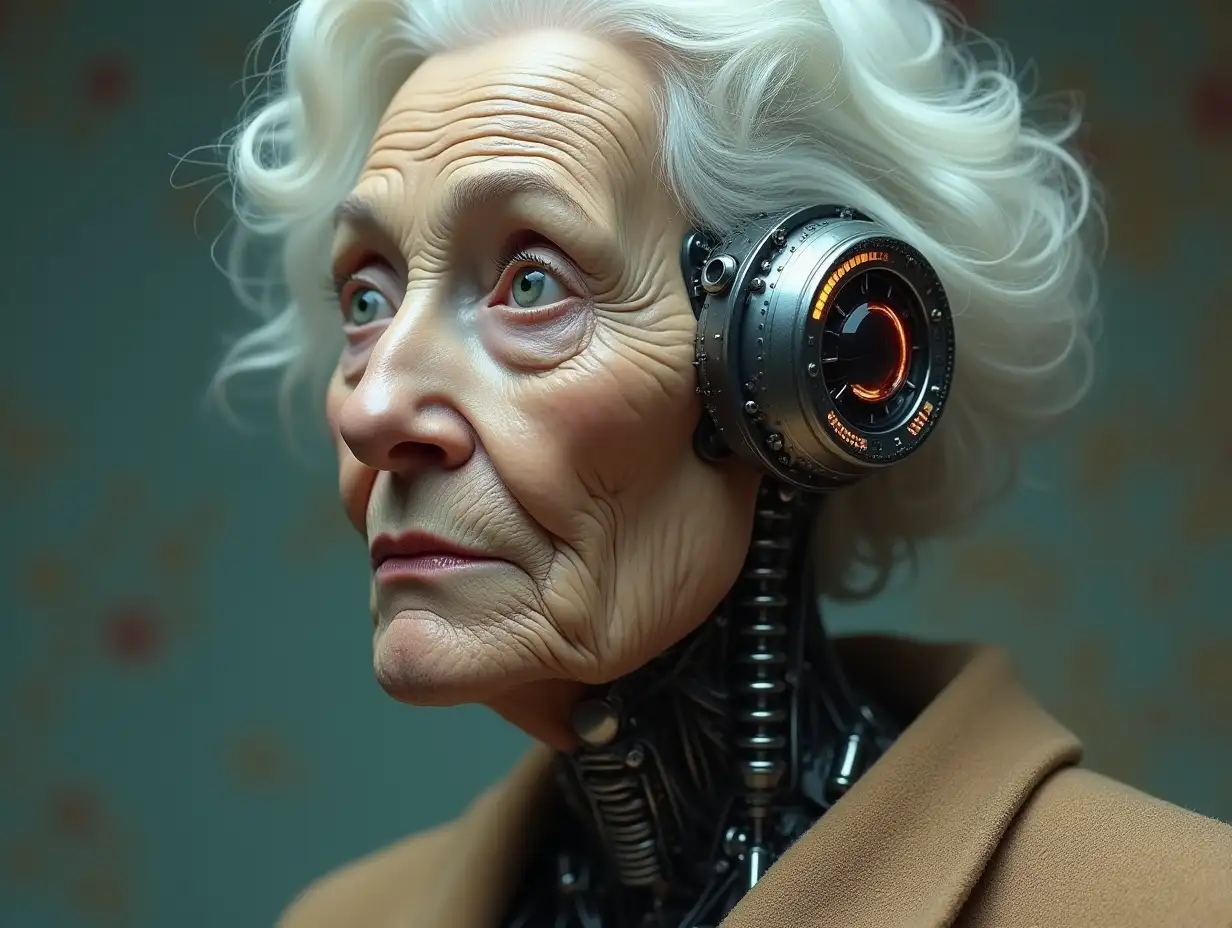 Create a surreal image of a half Cyber half Robot very old lady with round