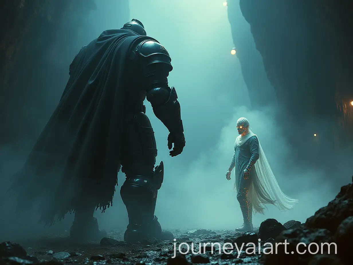 Gigantic-Armored-Man-Facing-Normal-Sized-Human-Warrior-in-Dramatic-Lighting