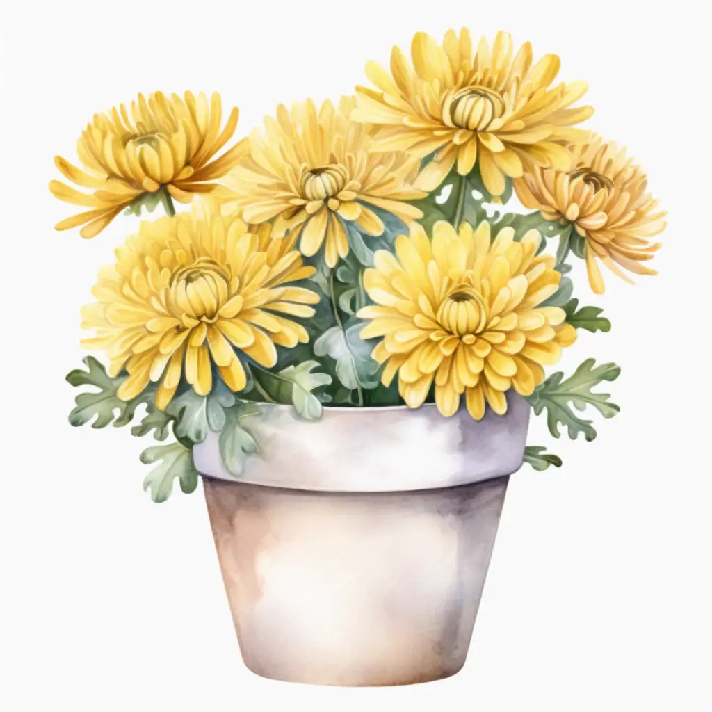 Aesthetic Watercolor Potted Yellow Mum Clipart on White Background