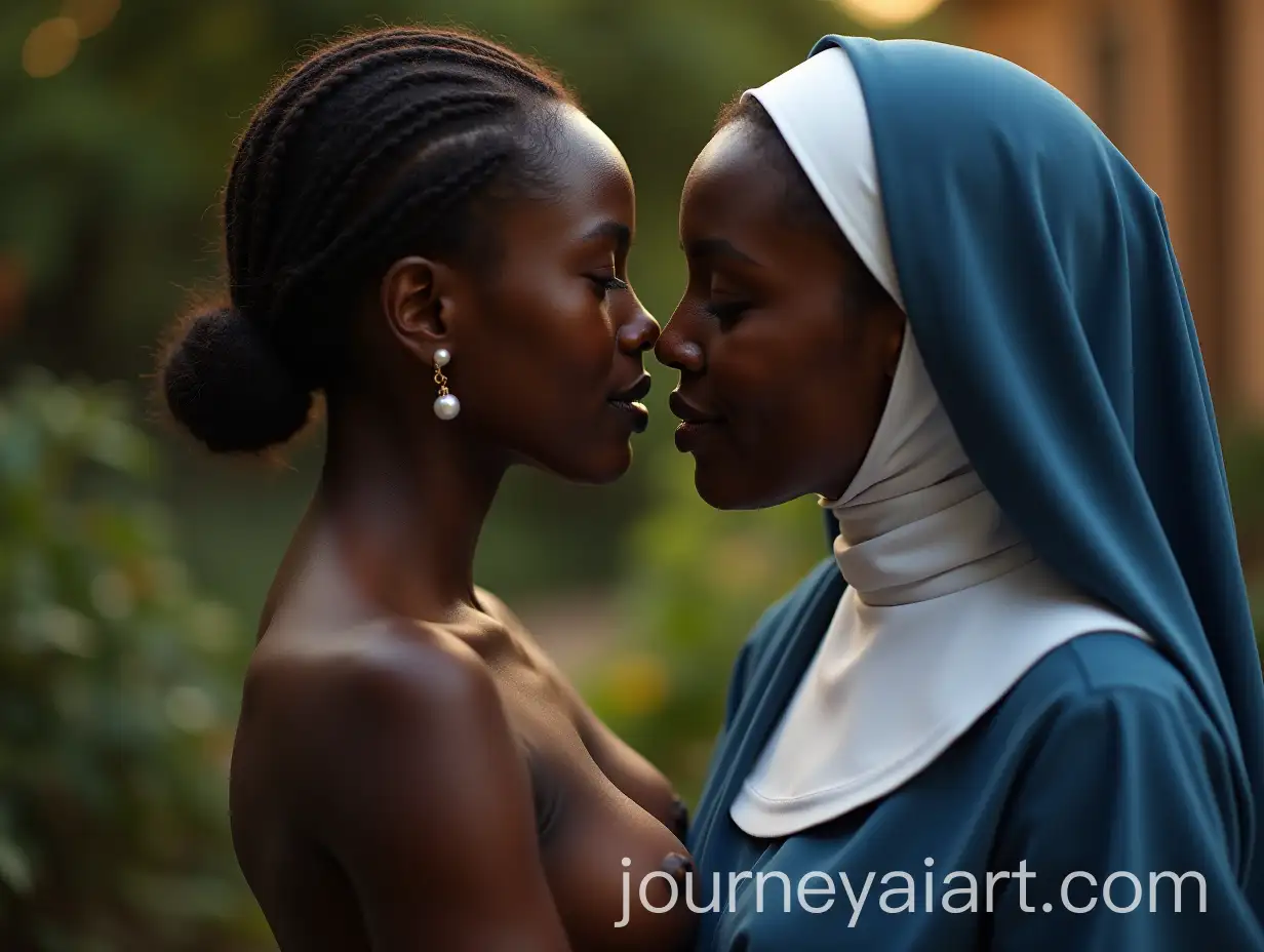 African-Girl-and-Nun-in-Soft-Morning-Light-in-Garden