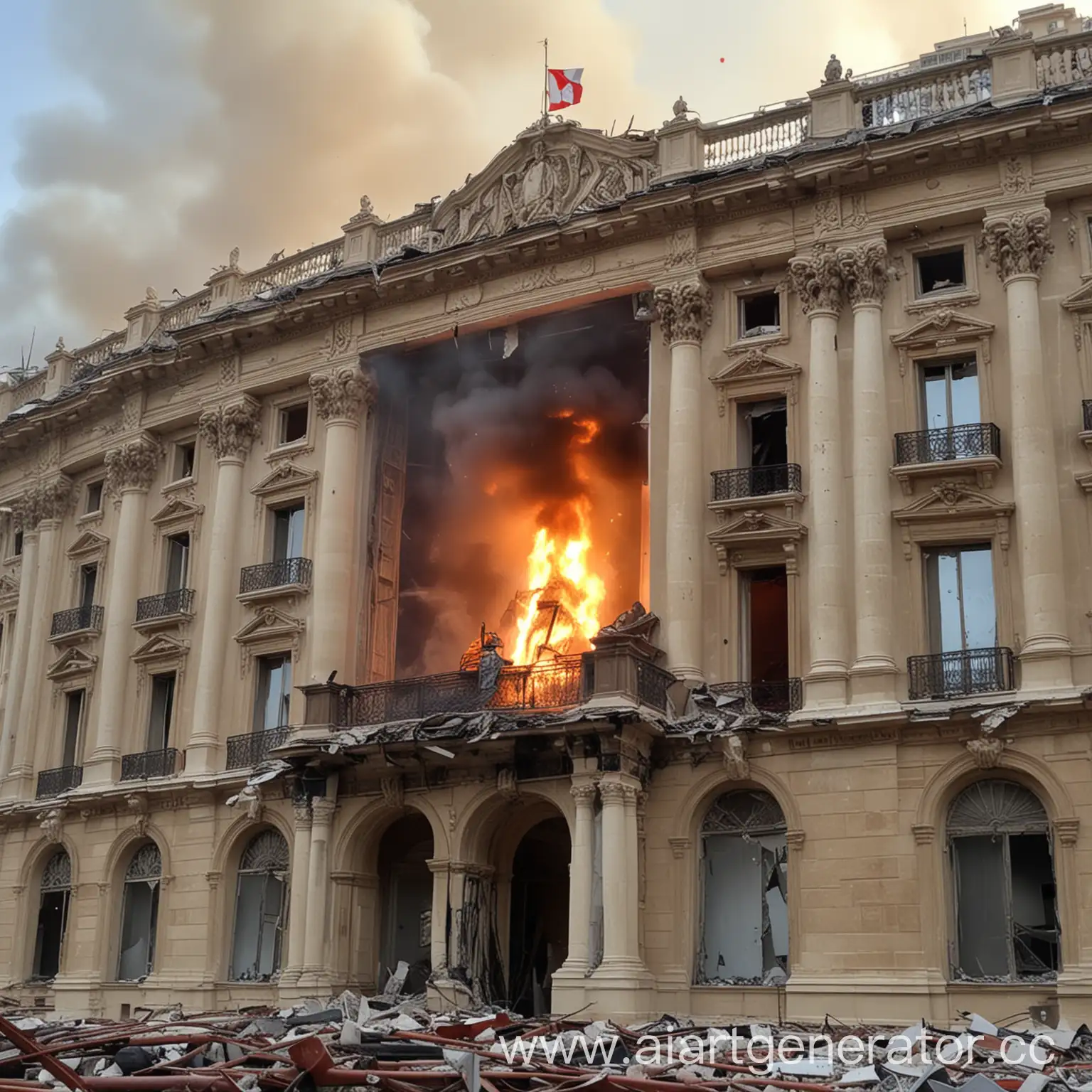 A ballistic missile hit the palace in Monaco. The palace is on fire. The palace is destroyed, the windows are broken, the flag of Monaco is hanging nearby. The palace can be seen completely destroyed