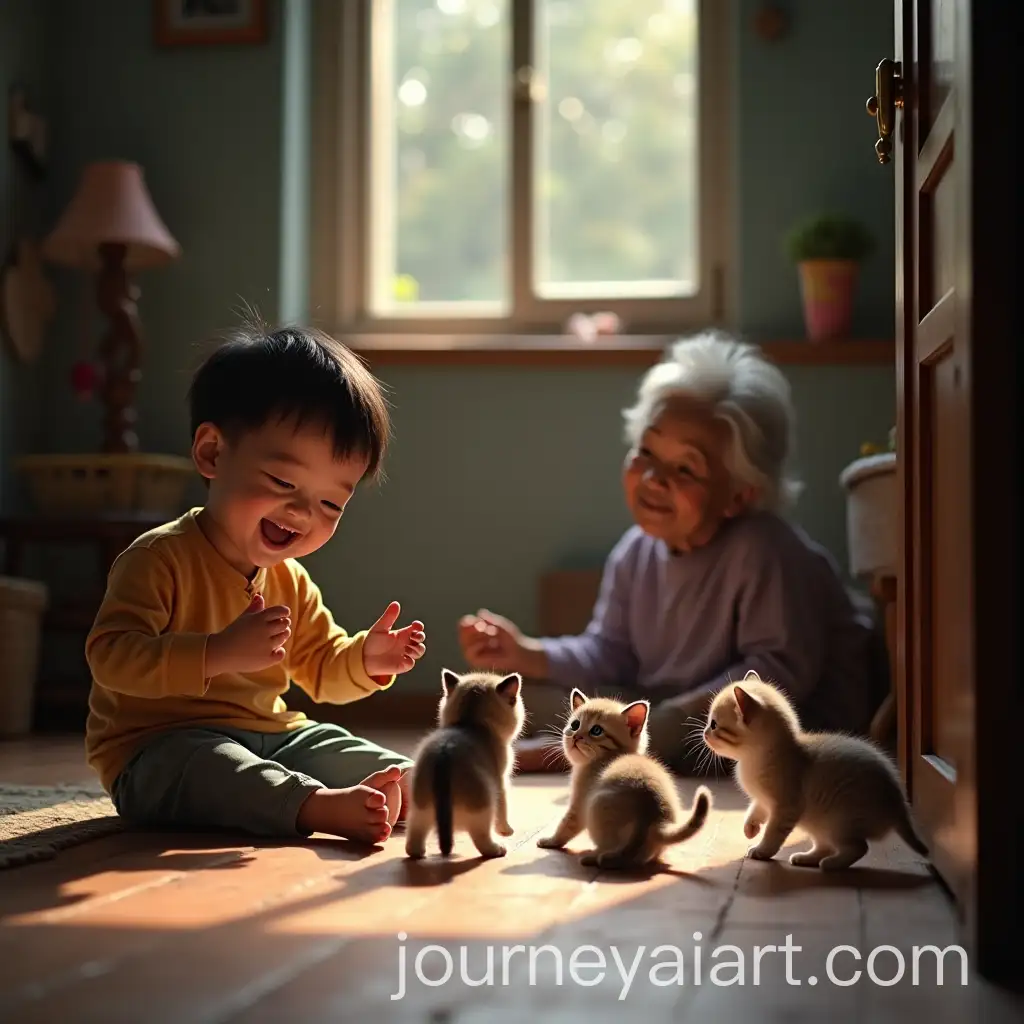 Young-Boy-Joyfully-Playing-with-Kittens-in-a-Cozy-Home