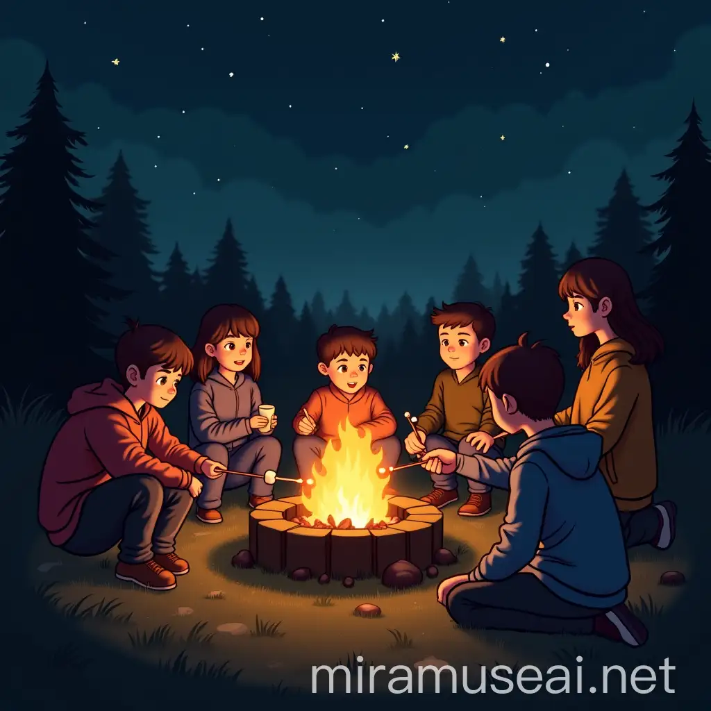 Children Gathering Around a Campfire for an Outdoor Night Lesson