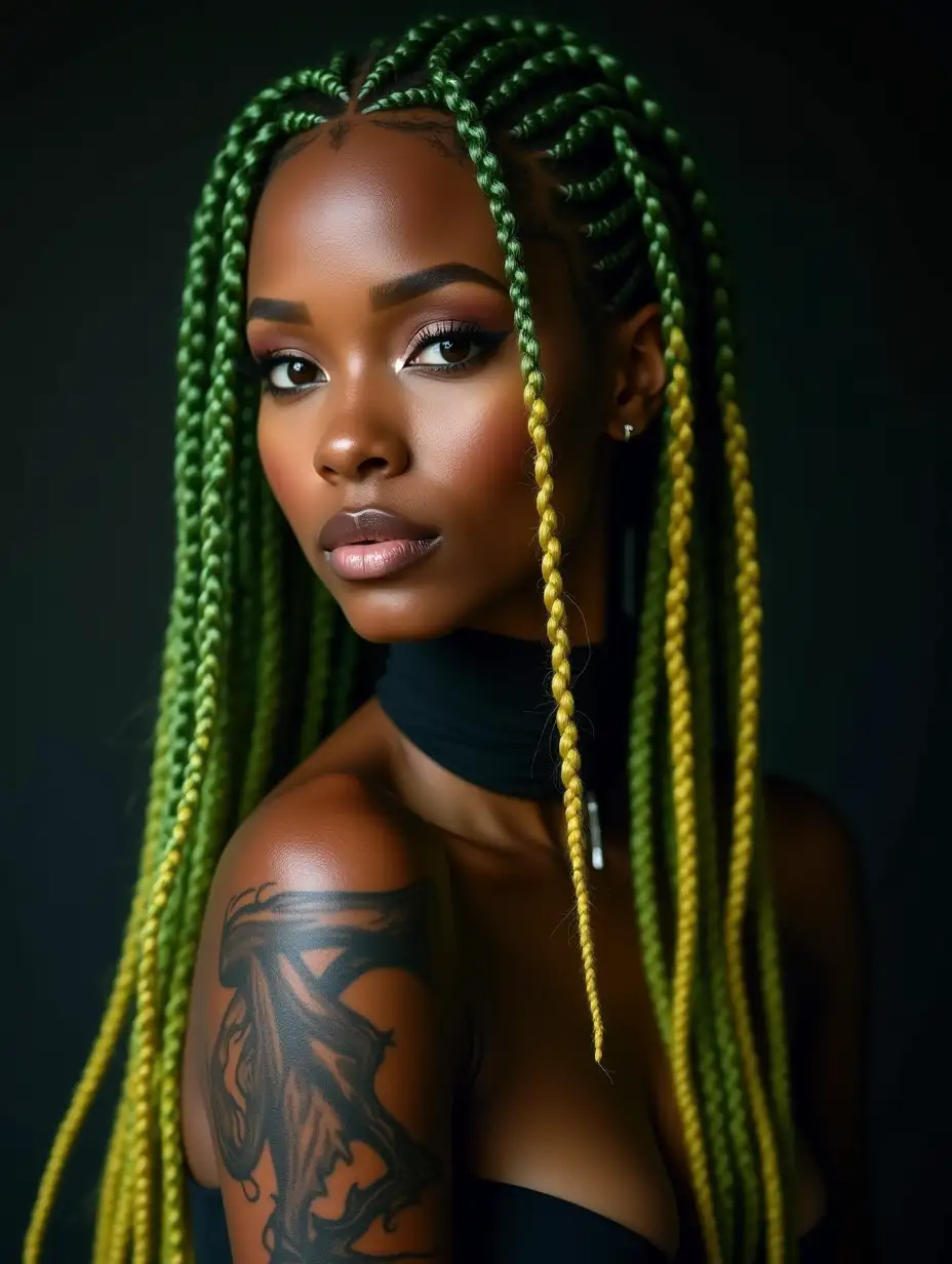 Depiction of a beautiful black woman with -tattoo, long mixed green-yellow braided hair in a futuristic style and laced boots, Blurry black background (120mm) shot poster face