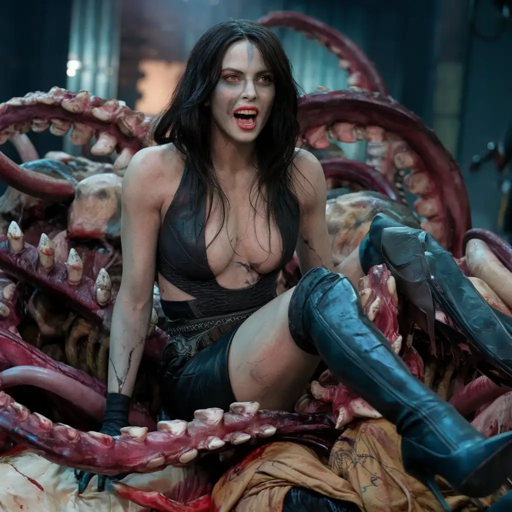 Fierce-Female-Monster-with-Tentacles-Sitting-on-Pile-of-Corpses-in-Cinematic-4K