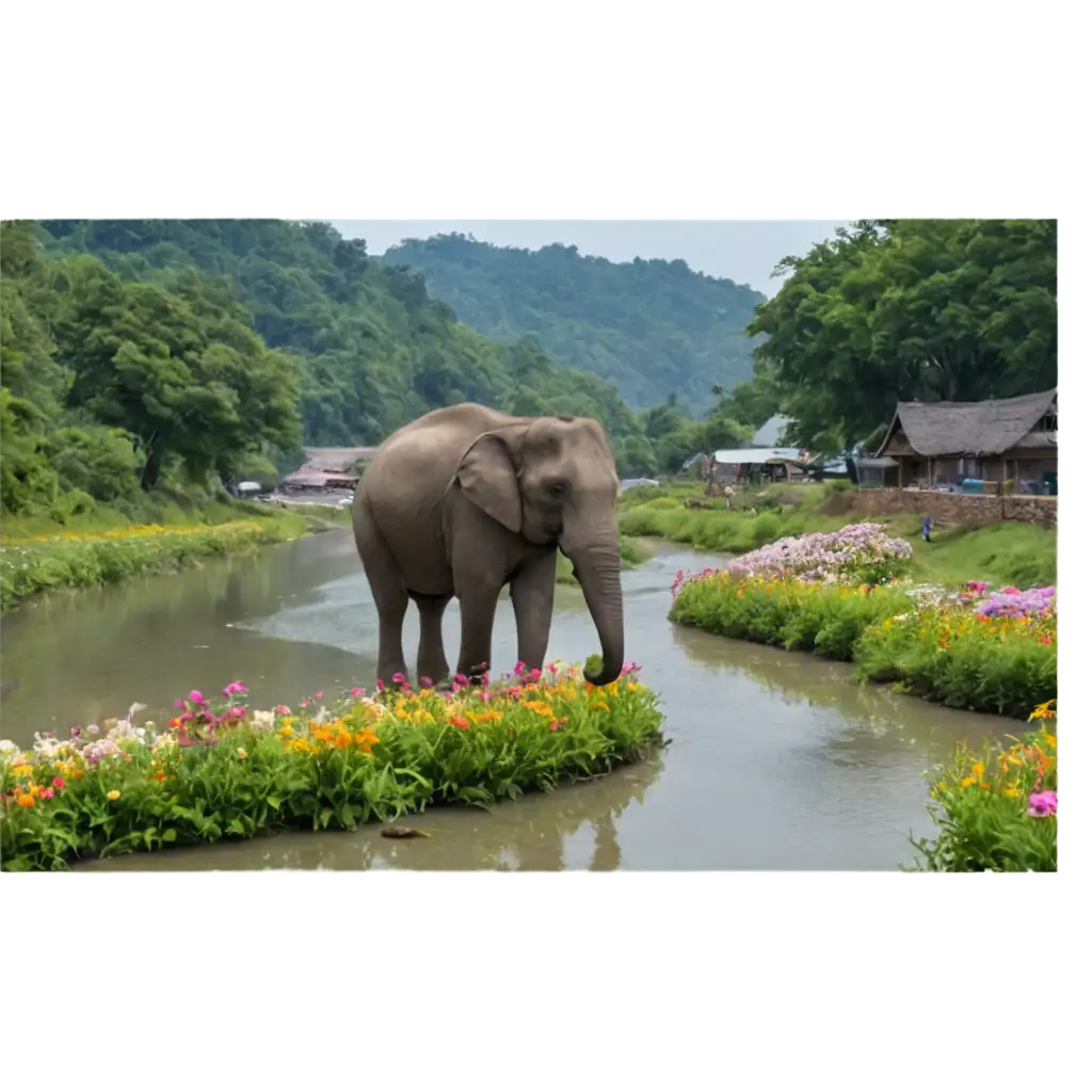 PNG-Image-of-Elephant-Walking-Through-River-Village-with-Flowers-and-Forest