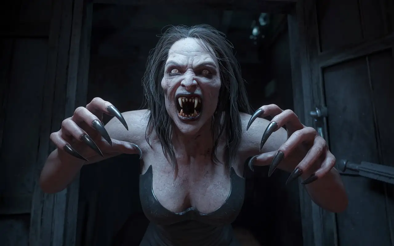 A hyper-realistic depiction of a wild and grotesque female vampire, captured in full-length, first-person view. She emerges from a dark, eerie room, her long pointed nails resembling predator claws on both hands and toes, adding to her menacing and wild appearance. Her open mouth reveals sharp fangs, exuding aggression and horror. The vampire's posture is aggressive, with her body leaning forward, conveying a sense of imminent attack. Her facial expression is contorted with a mix of rage and hunger, amplifying the fear factor. The photorealistic style showcases her detailed anatomy, including five fingers on each hand, and her undead, skeletal features suggesting she has risen from the grave. The dark and catchy color scheme, combined with atmospheric lighting, enhances the cinematic and horror atmosphere. The room is dimly lit, with shadows deepening the sense of suspense and dread. The composition focuses on her grotesque yet detailed appearance, creating a striking contrast between her wildness and the photorealistic quality of the image. The overall mood is intense, dark, and filled with horror, perfectly capturing the essence of a terrifying vampire.