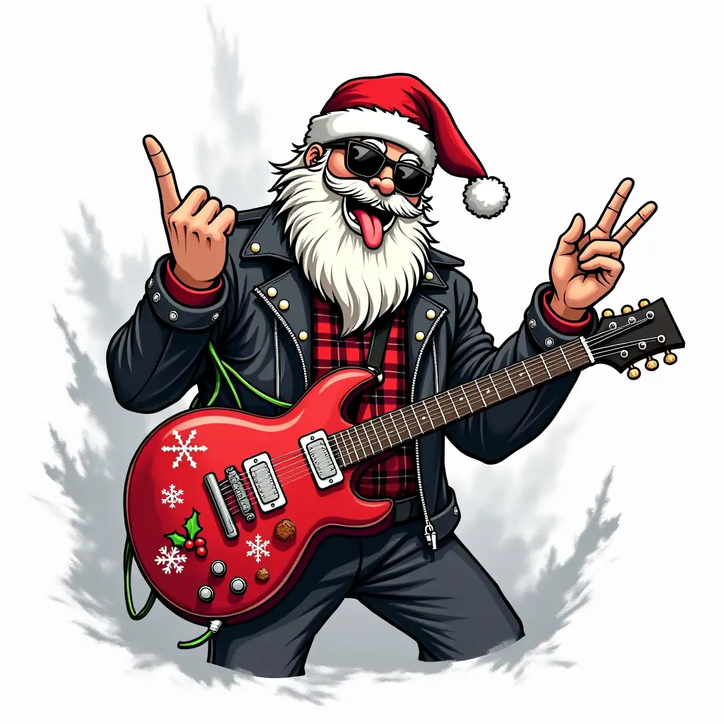 Santa Claus, dressed in a black leather jacket adorned with studded details and a red and black plaid shirt underneath, is depicted playing an electric guitar. He is wearing a traditional Santa hat and sunglasses. His expression is jovial, with his tongue partially extending out from his mouth. Christmas lights are incorporated into the design, entwined with the clothing. The electric guitar is red and has decorative snowflakes and holly sprigs with berries on its body. Santa’s pose suggests a rocker pose, with one hand making a rock and roll sign and the other hand playing the guitar. The body style is outlined, giving a cartoonish appearance to the image, with visible linework, particularly for the body and the decorations. A splatter-like or wave-like design in gray/white is present in the lower part of the composition, which creates a dynamic shape around the figure.