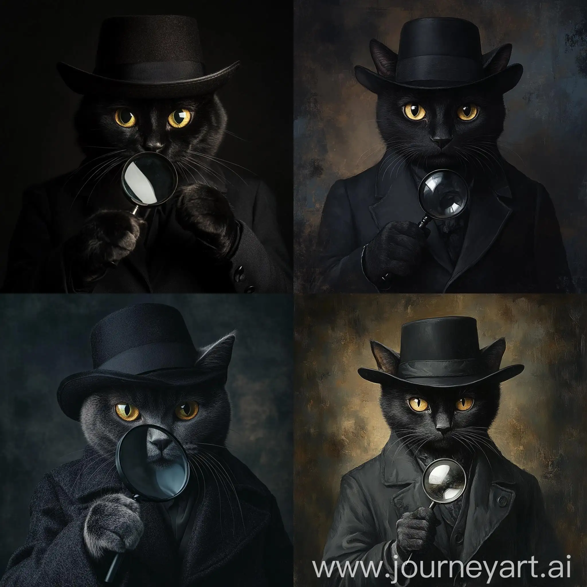 Detective-Cat-in-Black-Suit-with-Magnifying-Glass-and-Hat