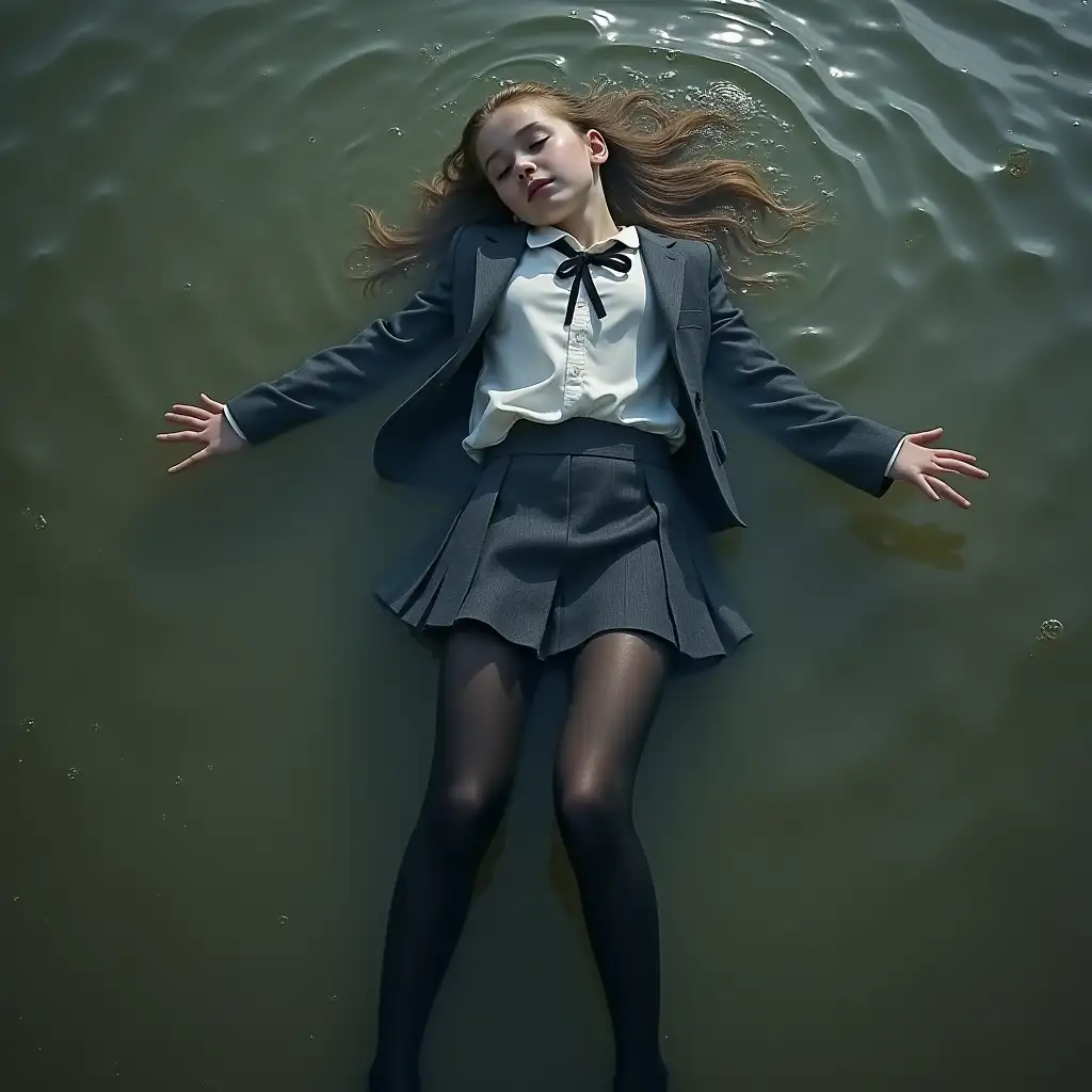 a young schoolgirl in a school uniform, with a skirt, jacket, blouse, dark tights, high-heeled shoes. Swims in a dirty pond, lies underwater, all body under water, completely wet clothes, no dry parts of clothes, wet clothes stick to the body.