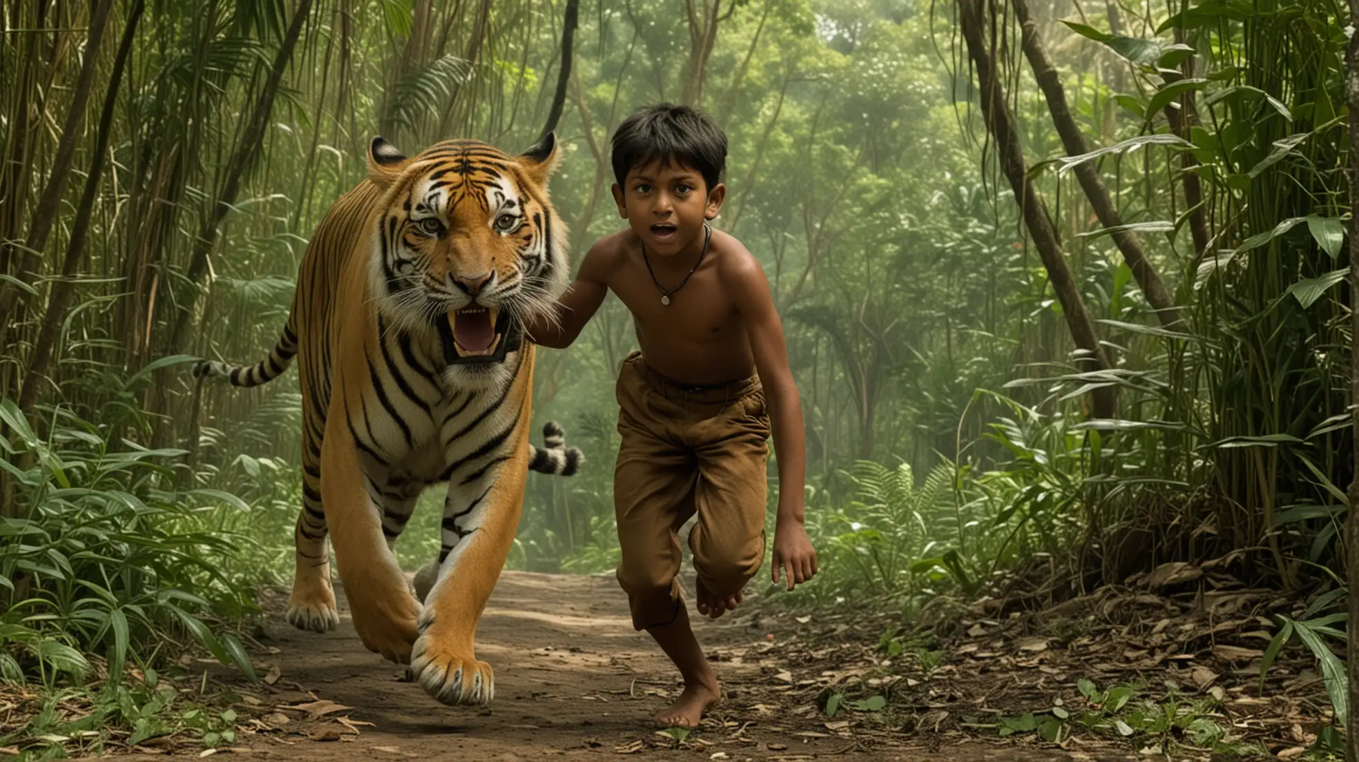 An Indian boy clinging to a tiger running through the jungle