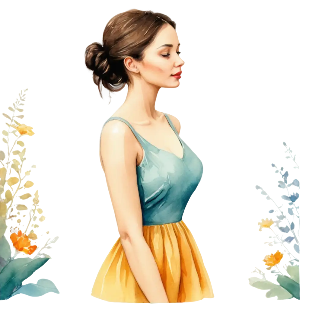 Watercolor-PNG-Illustration-of-Woman-in-Yellow-Dress-Surrounded-by-Lush-Greenery-Feminine-and-Serene-Botanical-Art