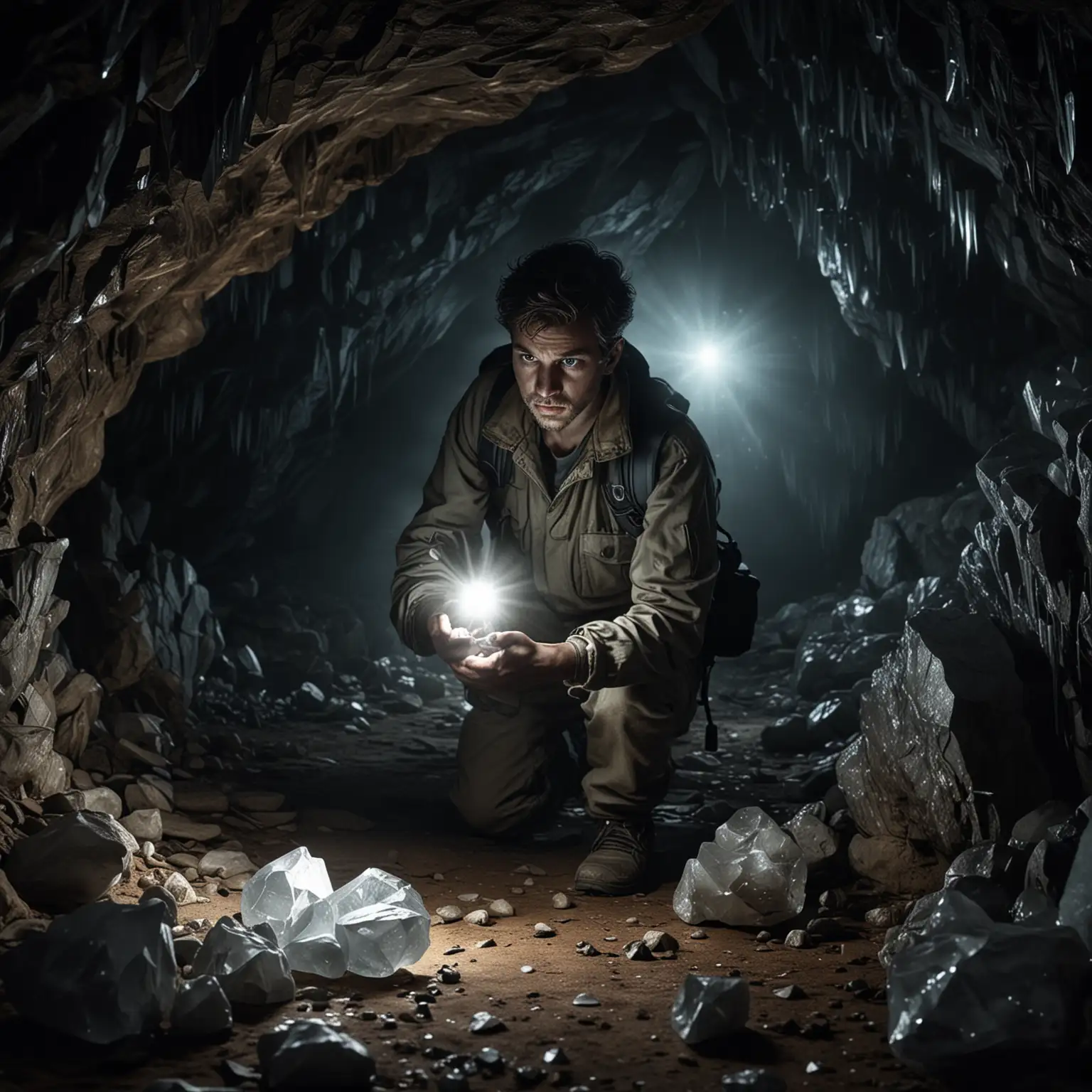 Scientist-Discovering-Crystal-in-Dark-Cave-with-Flashlight