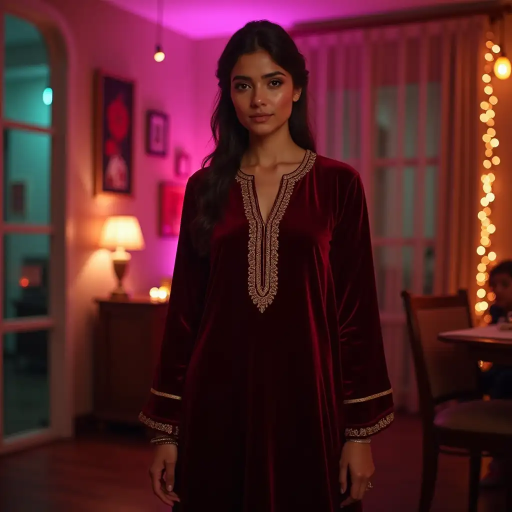 Modern-Gen-Z-Woman-in-BollywoodInspired-Diwali-Look-with-Velvet-Kurta-and-Chic-Accessories