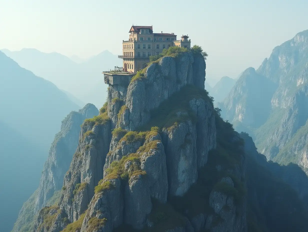 Face transformed into a building on a high mountain