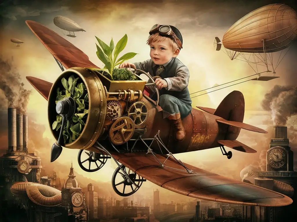 Young-Boy-Flying-on-a-Seeding-Aircraft-in-Steampunk-Style