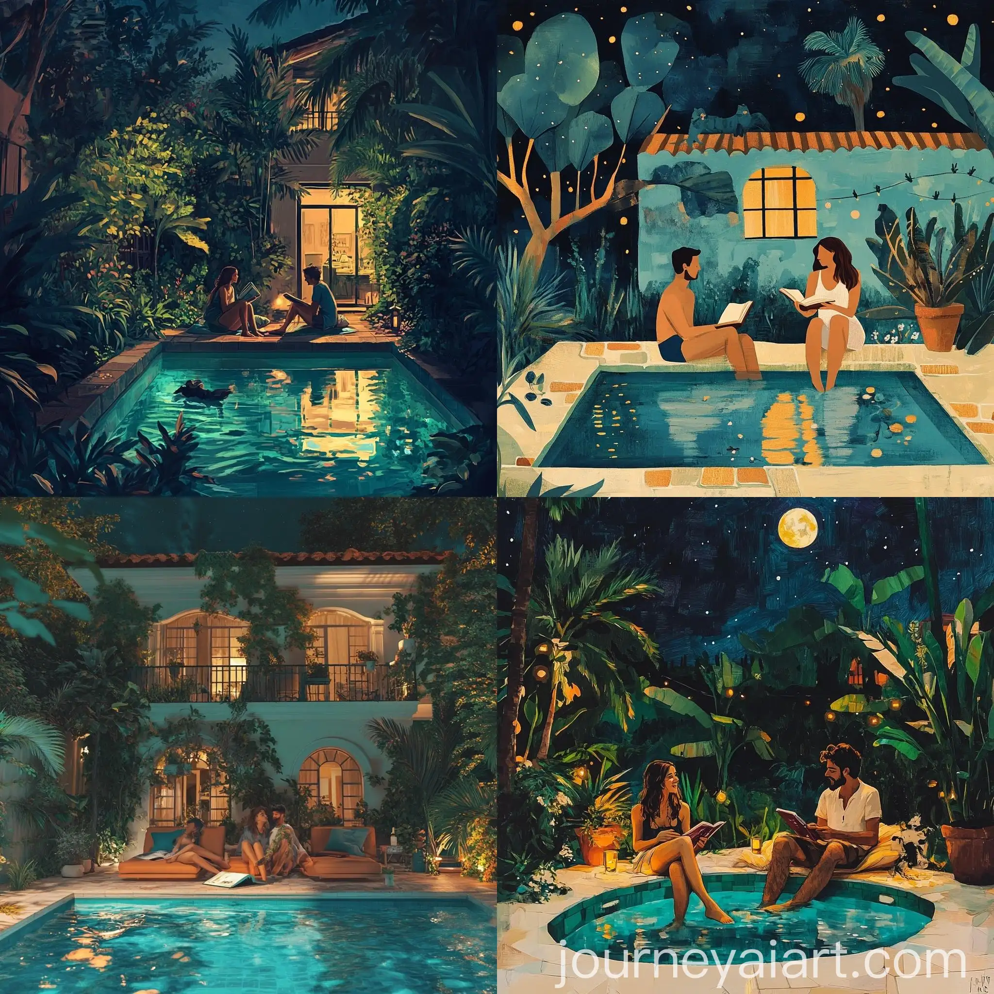 Couple-Relaxing-by-Private-Pool-at-Night-with-Dog-and-Book