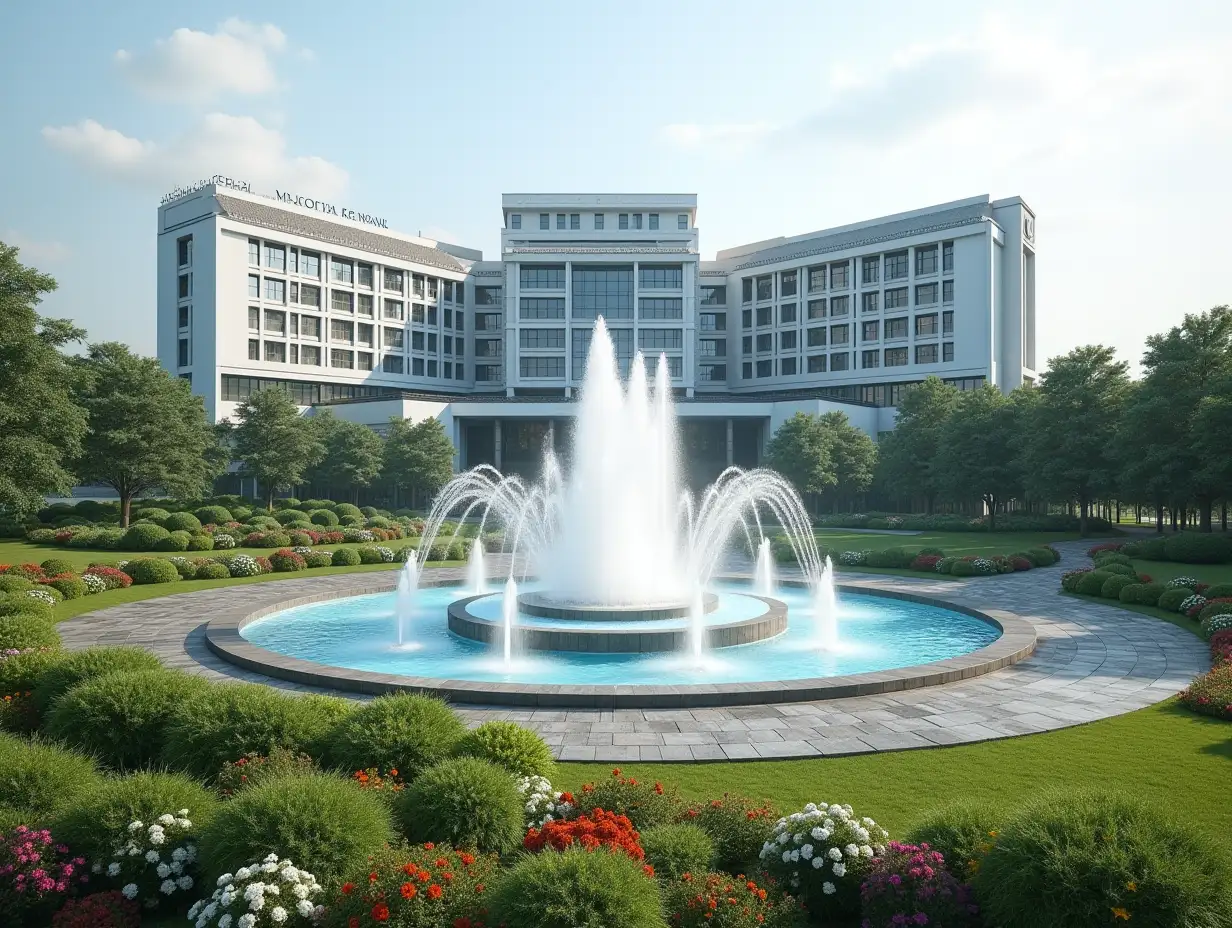 Modern-Hospital-Building-with-Fountain-and-Landscaped-Gardens