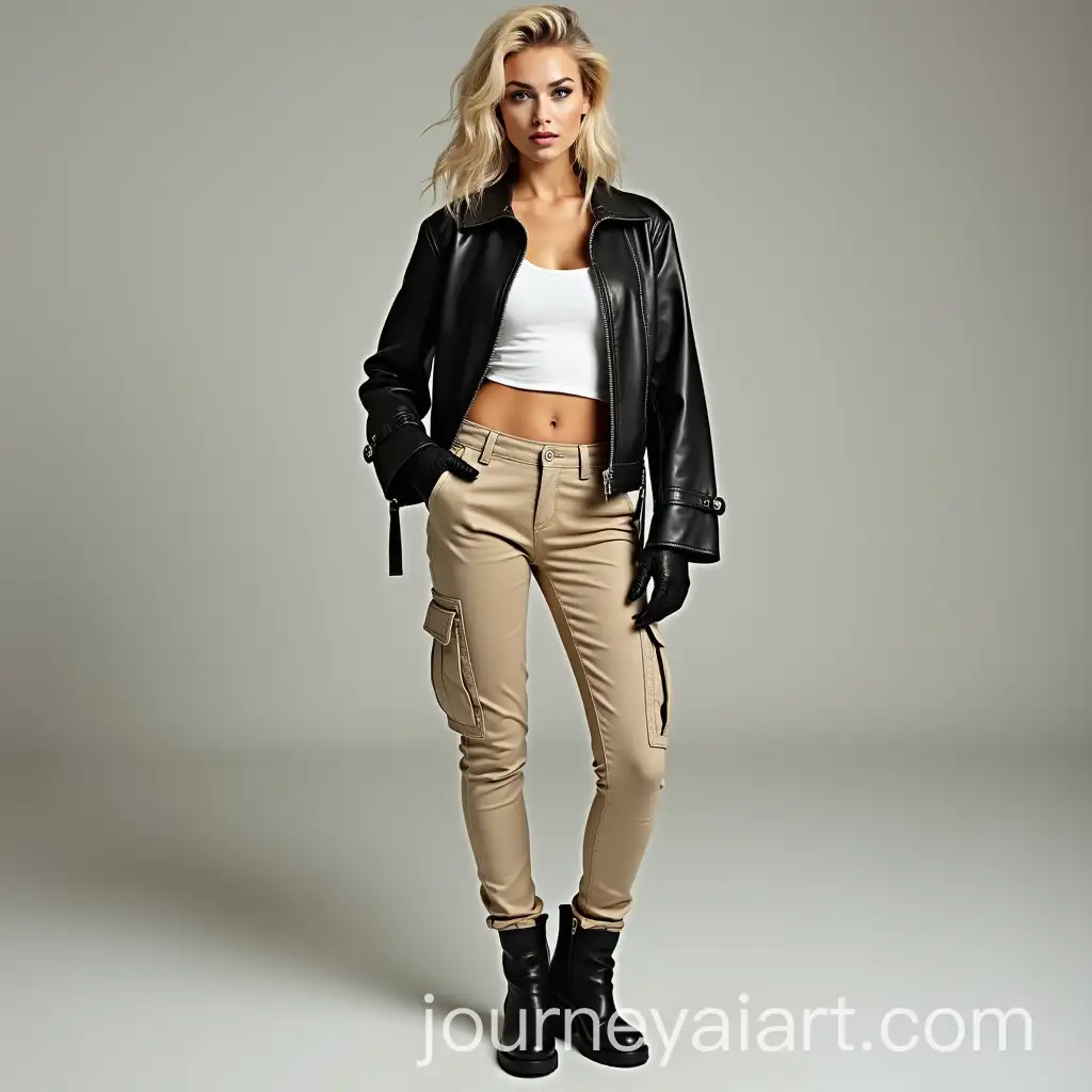 Stylish-Woman-in-Black-Leather-Outfit-with-Beige-Cargo-Pants