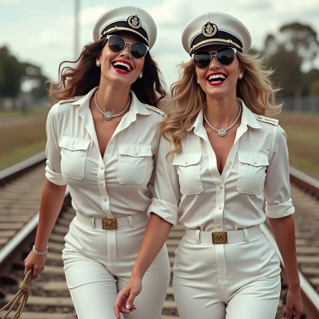 two White pinup plump girls wearing an white deep-necked railway uniform shirt, laughing with her mouth open, red lipstick accentuating her smile, jewerly, aviator sunglasses, white skin, whip in hand, walking on rails, australia