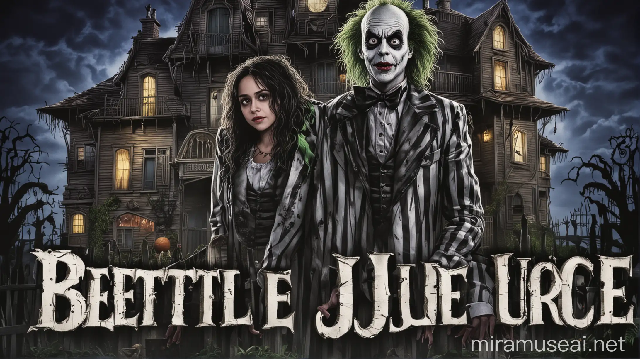 Horror Movie Poster Featuring Jenna Ortega and Michael Keaton in a Creepy House